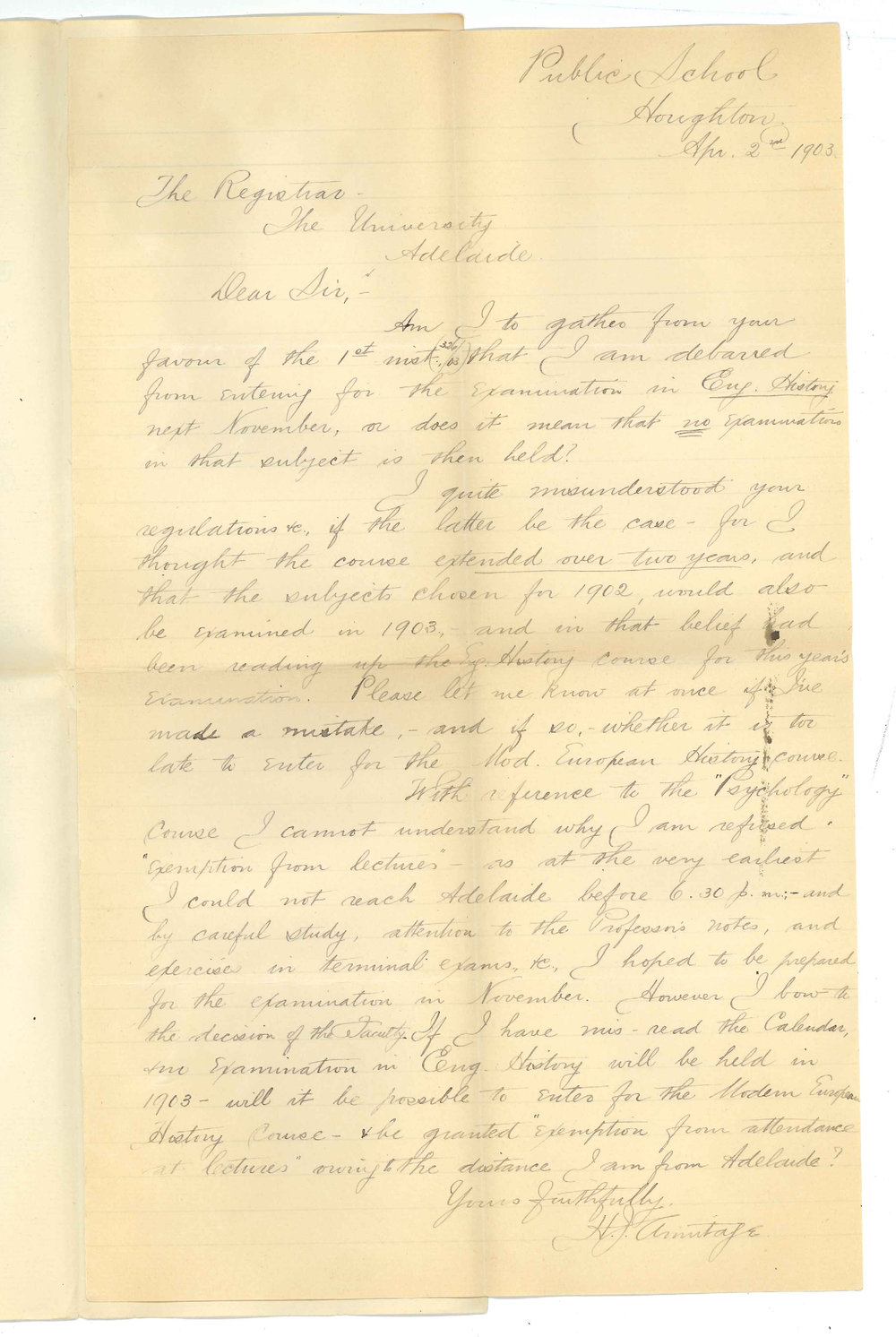 H J Armitage - Houghton - Exemption from attendance at lectures