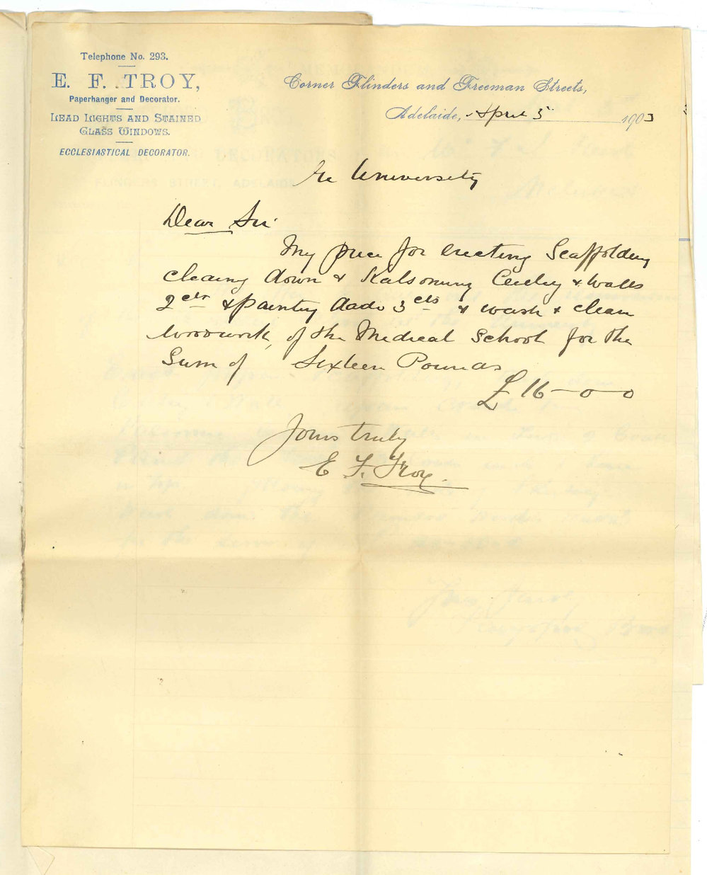 Lansford Bros E F Troy Richardson Bros - Adelaide - Tender for renovation of Medical Lecture Theater
