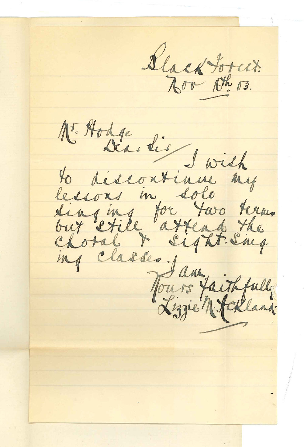 Lizzie M Ackland - Black Forest - Discontinuing Solo Singing Lessons for two Terms