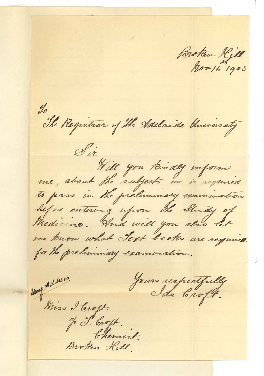 Ida Croft - Broken Hill - Particulars re MB Degree