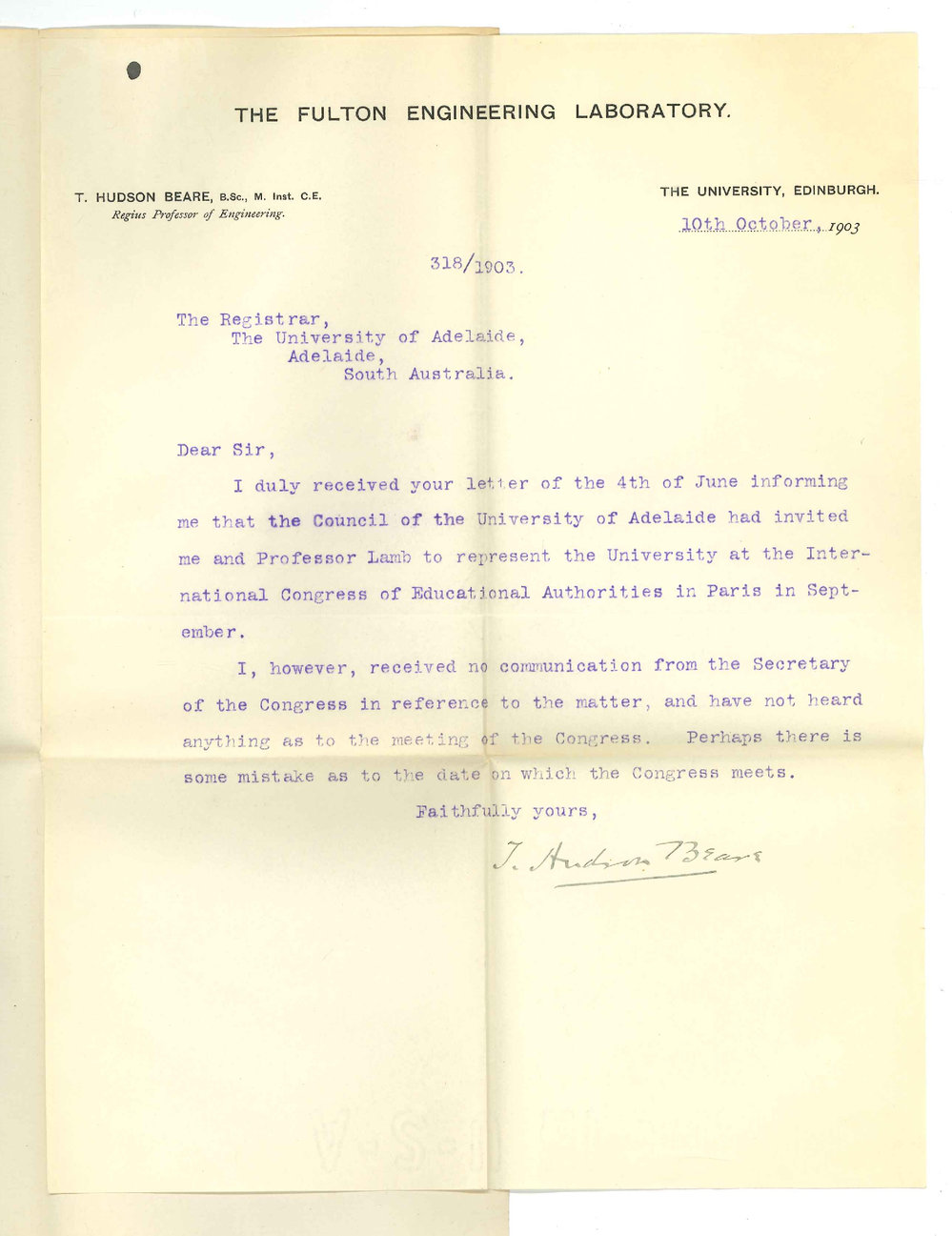 T A Beare - Edinburgh - Re Representing University at International Congress Paris