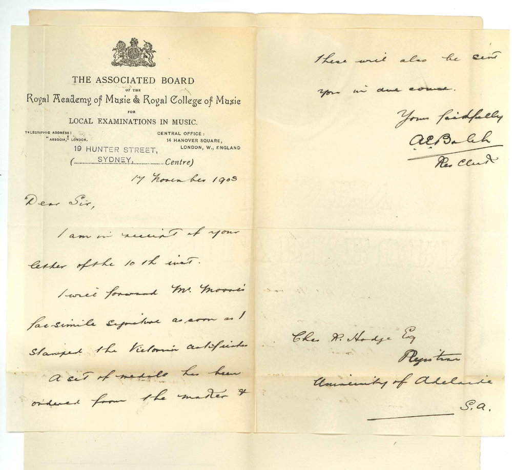 A E Balch - Sydney - Forwarding Mr Moores Facsimile signature and Medals later