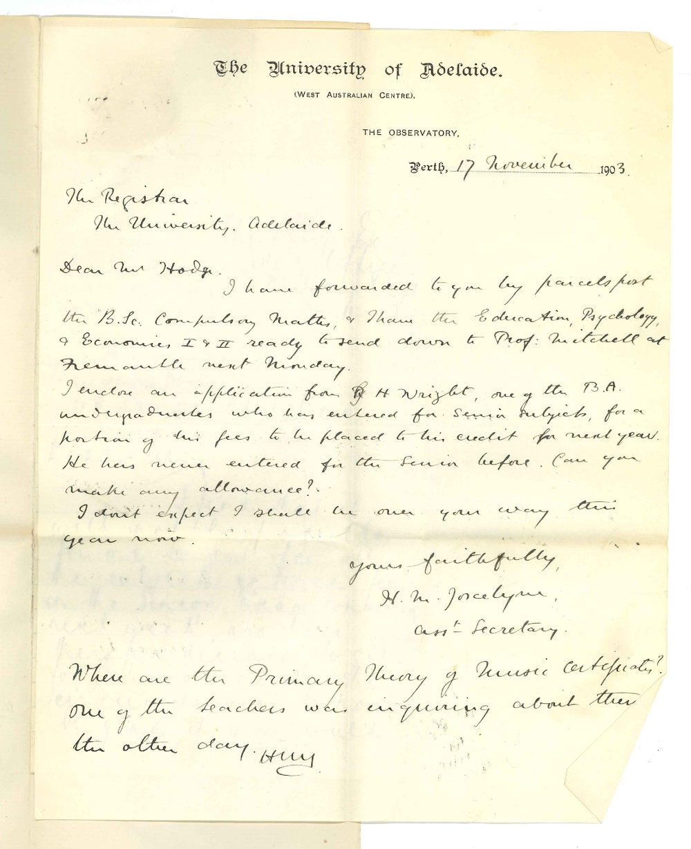 Henry Maurice Joscelyne - Perth WA - Regarding Exam Papers Withdrawal of G H Wright Senior Public Subjects Asking for Music Certificates