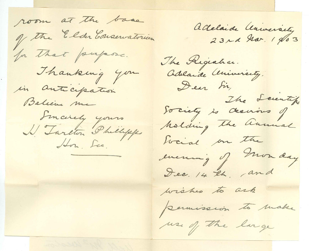 Herbert Tarlton Phillipps - Hon Secretary - Scientific Society Adelaide - Asking for use of room Conservatorium