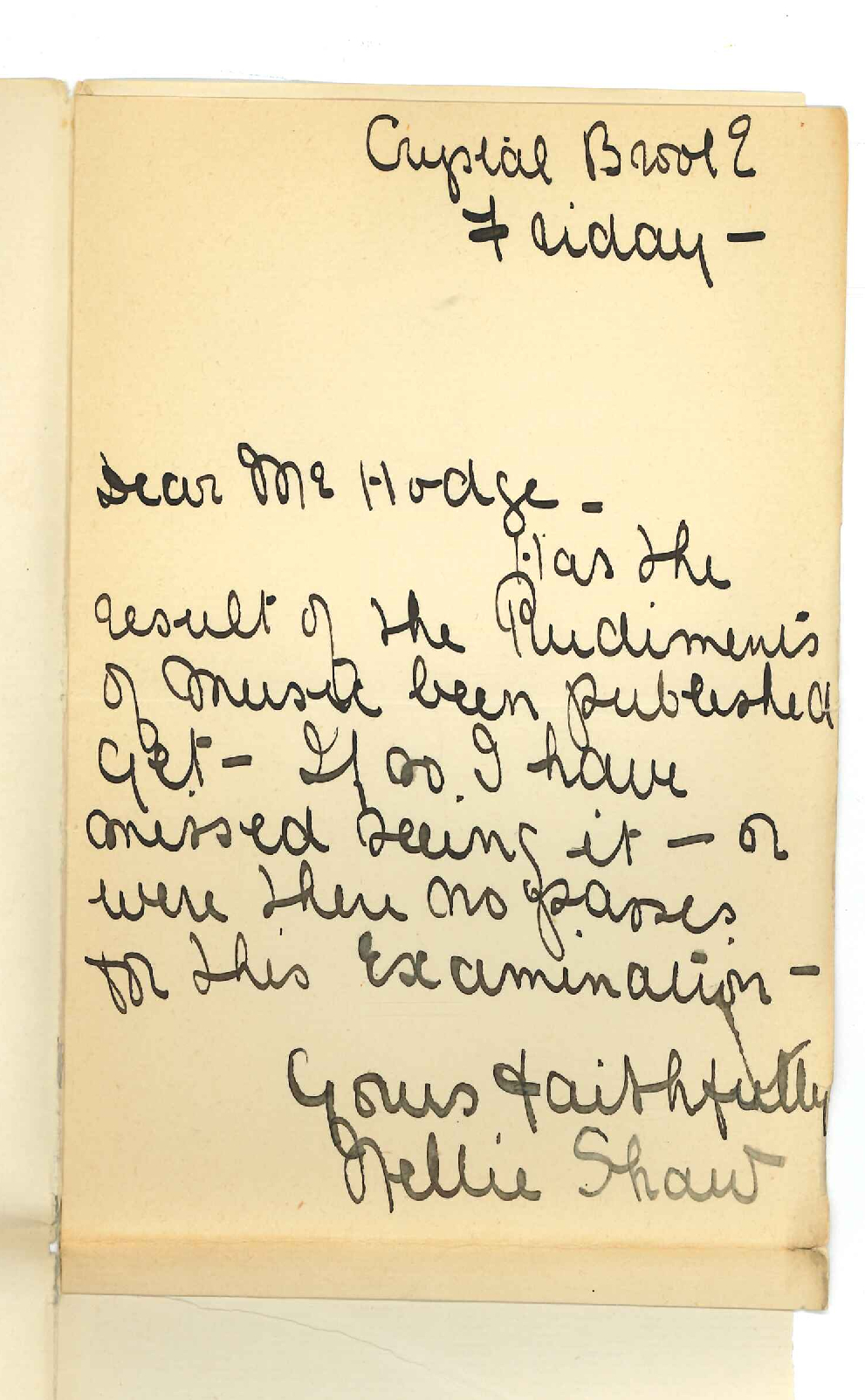 Nellie Shaw - Crystal Brook - Re Publishing result of Rudiments Exam