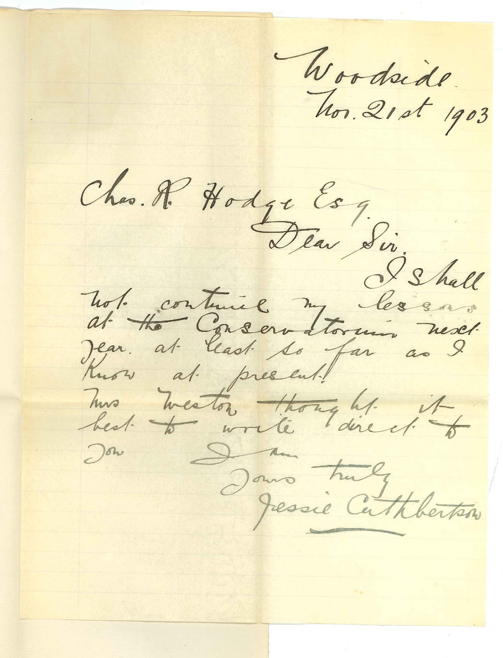 Jessie Cuthbertson - Woodside - Discontinuing Lessons Conservatorium