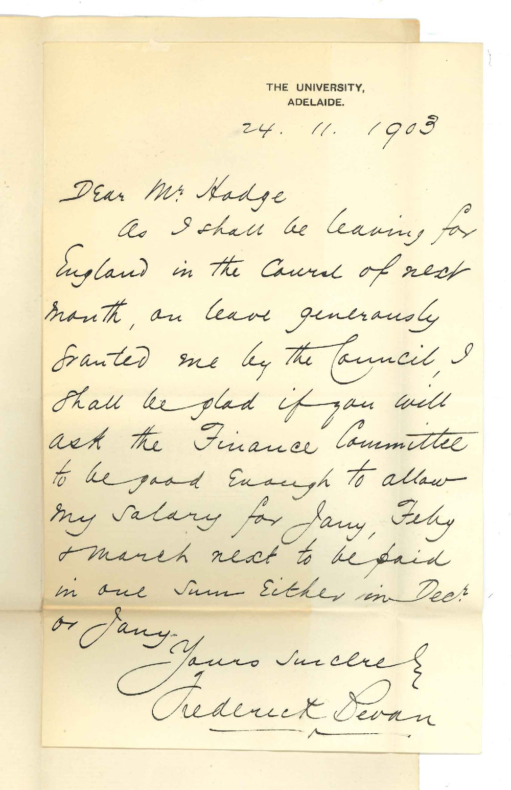 Frederick Bevan - Conservatorium - Asking for Salary in advance