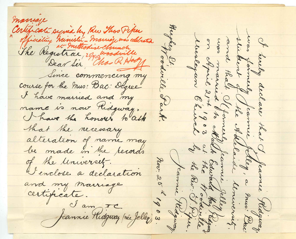 Jeannie Ridgway nee Jelley - Adelaide - Application for Supplementary Exam in Harmony 3rd Year Mus Bac Alteration of name Marriage Certificate