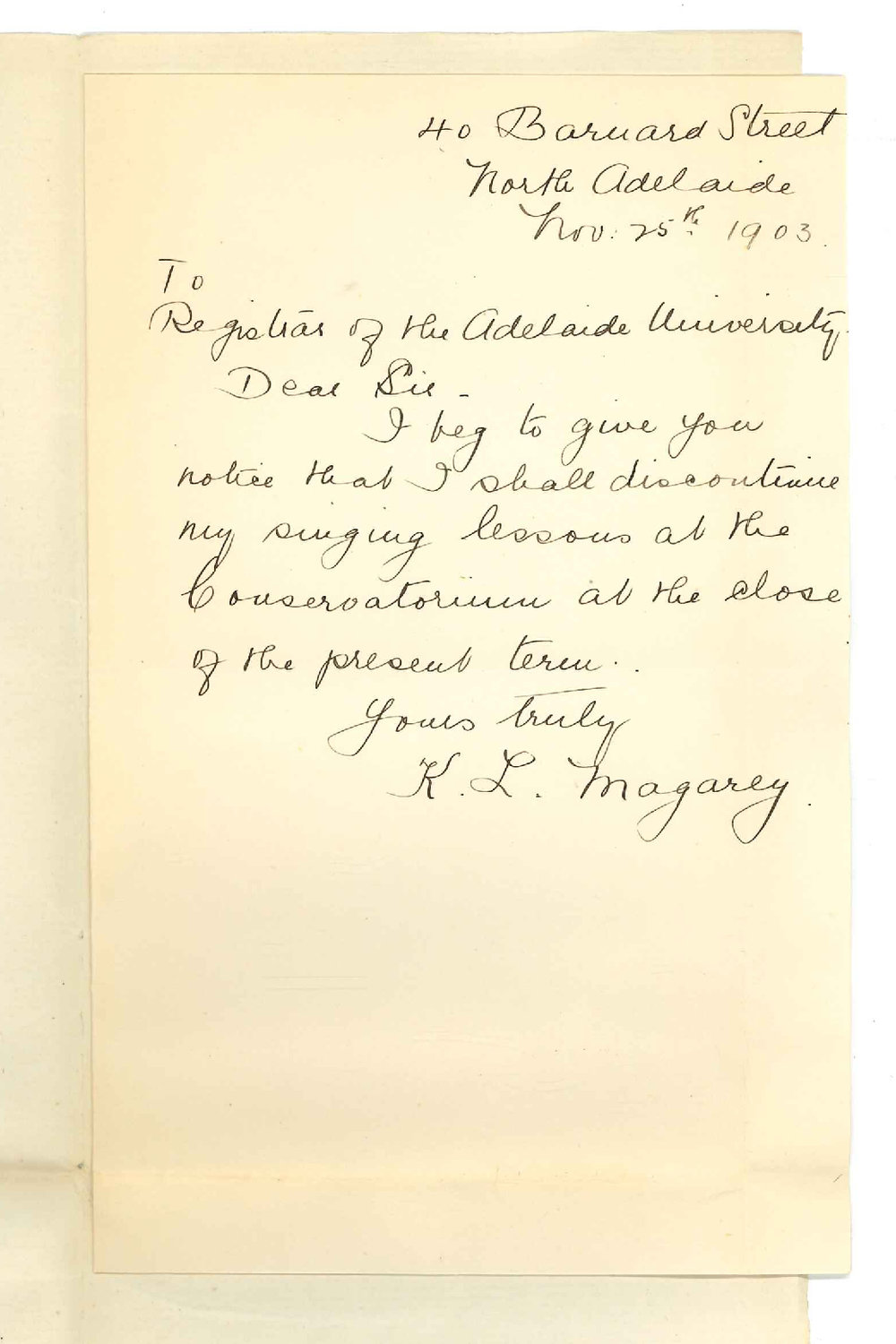 Katie L Magarey - North Adelaide - Discontinuing Lessons at Conservatorium