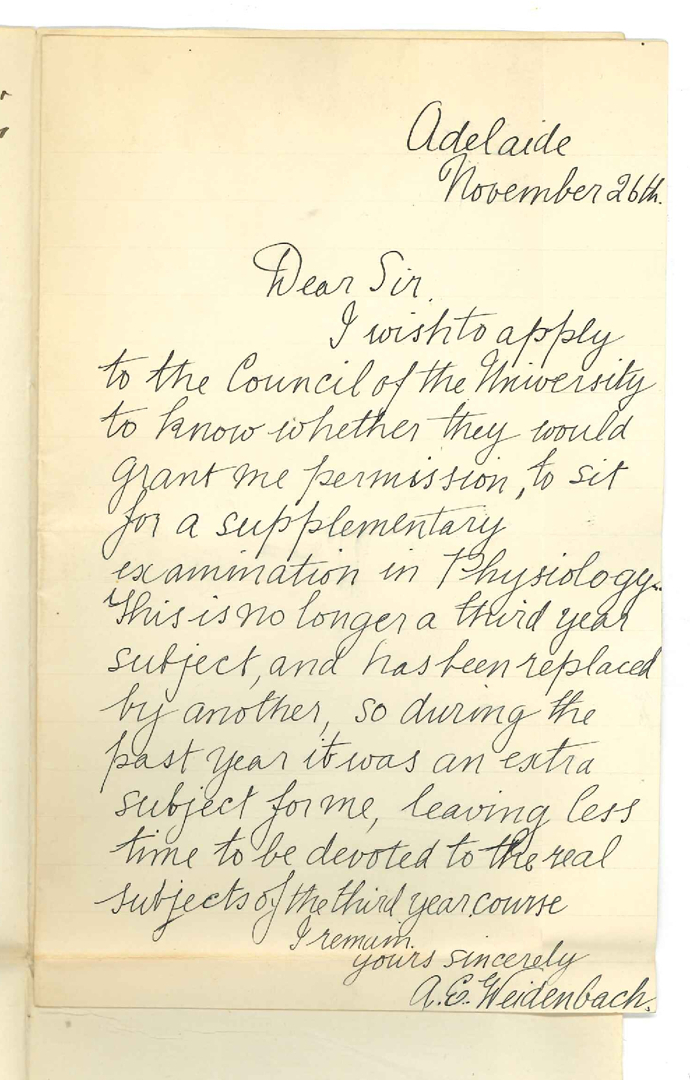 Arnold Edwin Weidenbach - Adelaide - Application for Supplementary Exam in Physiology