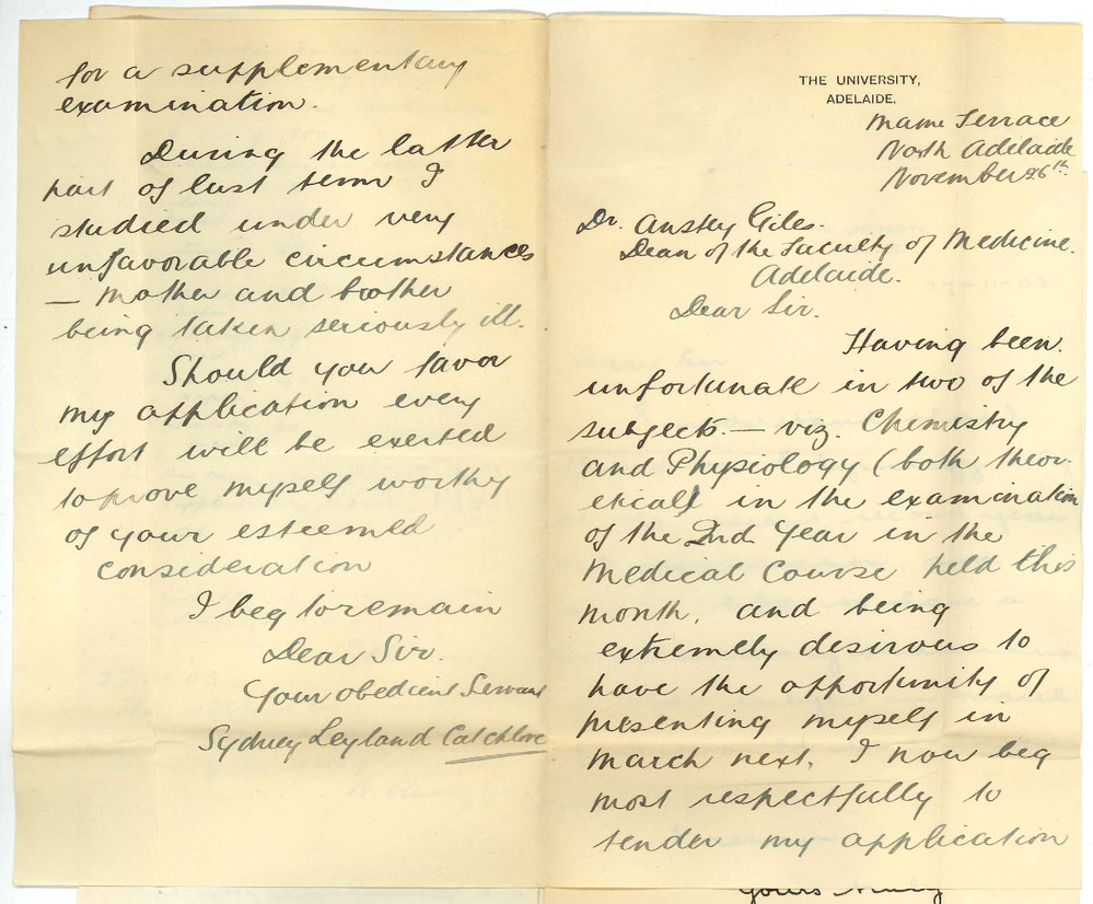 Sydney Leyland Catchlove and Devon Parkhouse - Adelaide - Application for Supplementary Exam 2nd Year MB