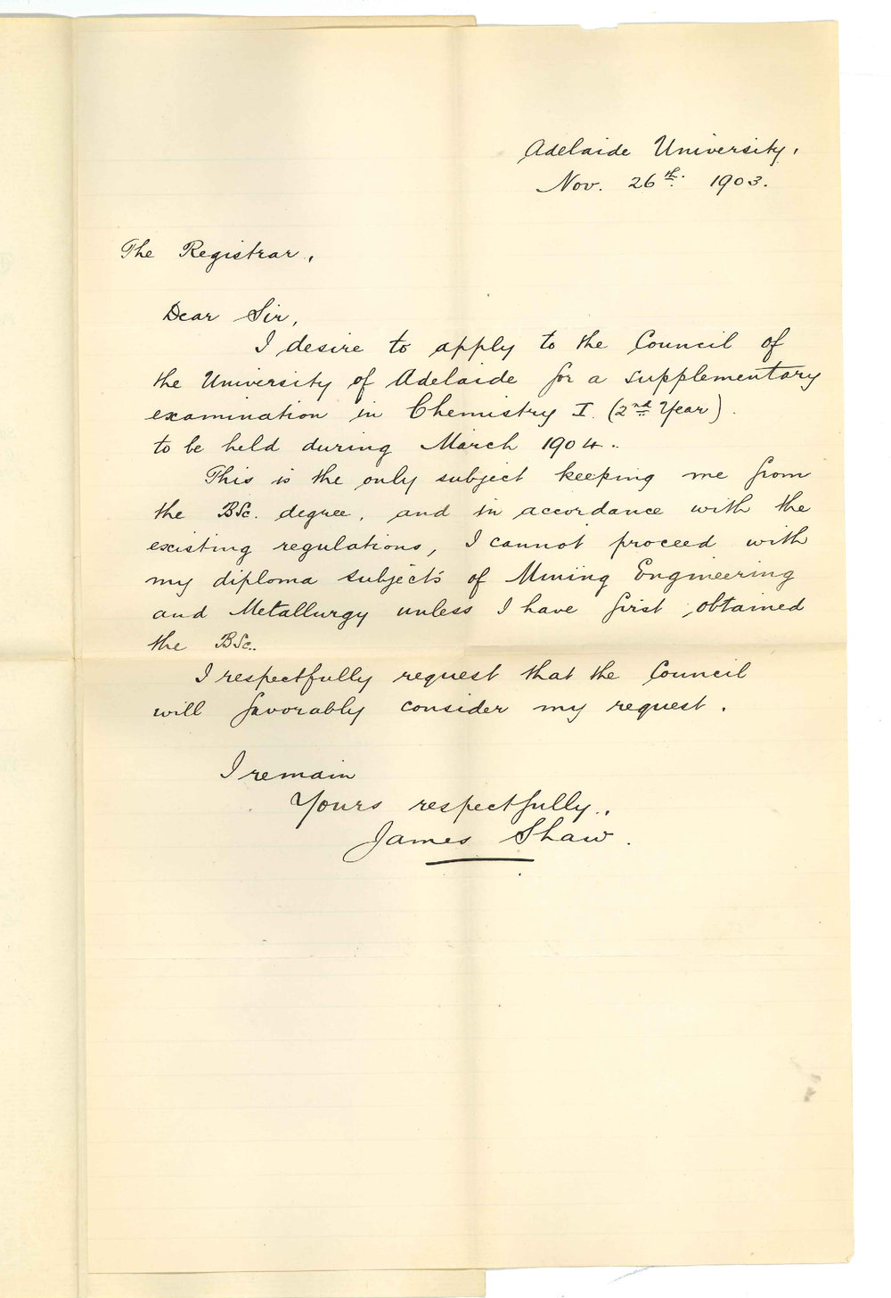 James Shaw - Adelaide - Application for Supplementary Exam Chemistry I