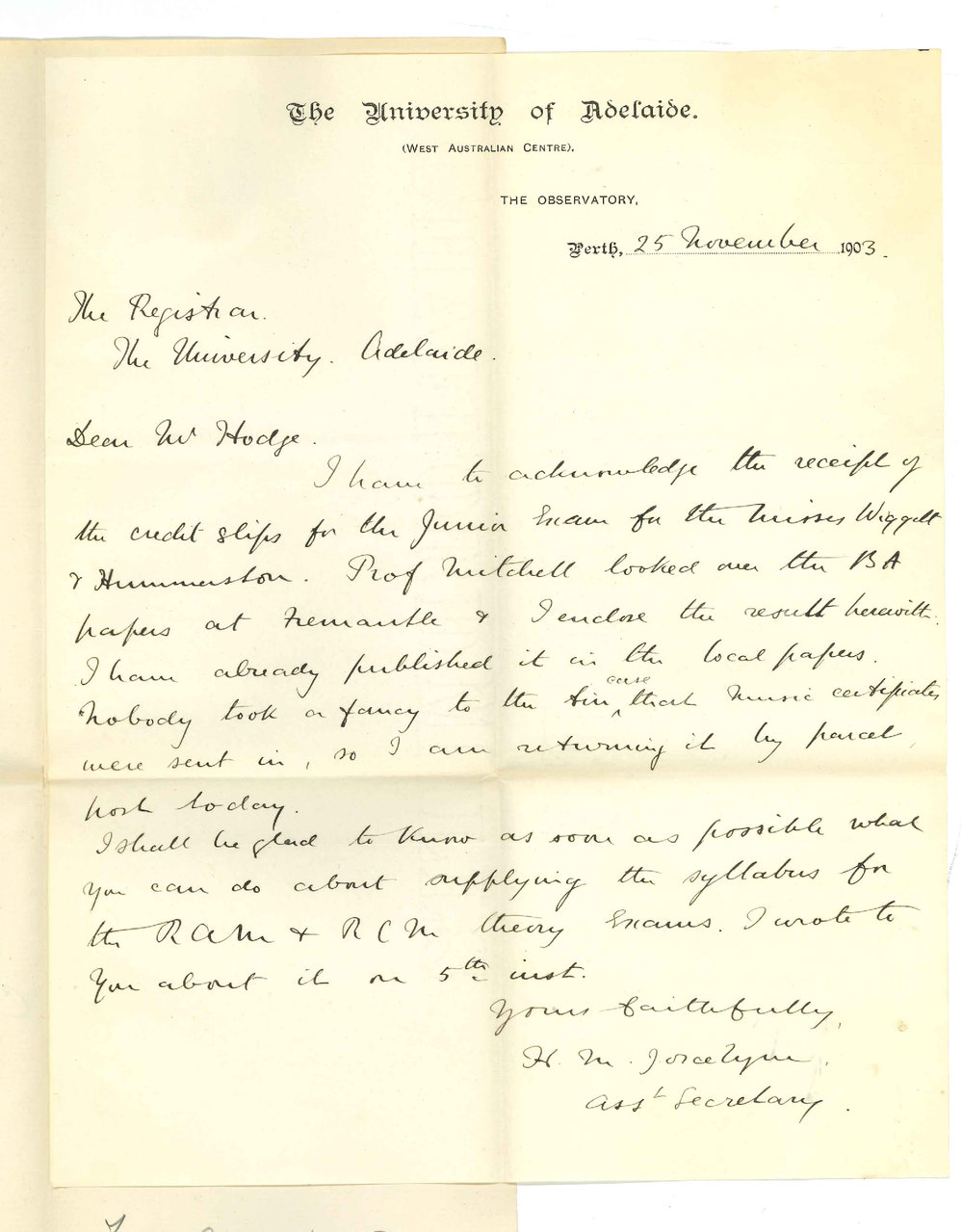 Henry M Joscelyne - Western Australia Centre - Perth WA - Received receipts from Wiggett and Hummerston Re BA Papers and Music Pamphlets