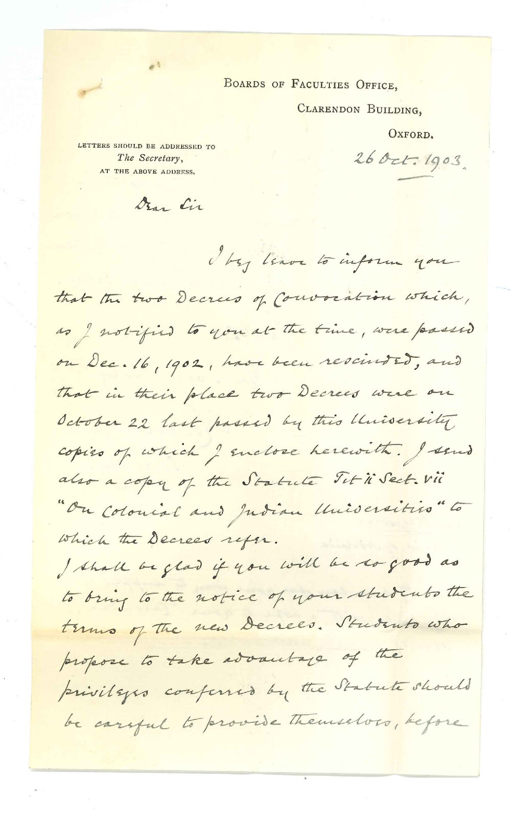 C Lendesdorf - Secretary Boards of Faculties Office Oxford - Re Decrees of Convocation