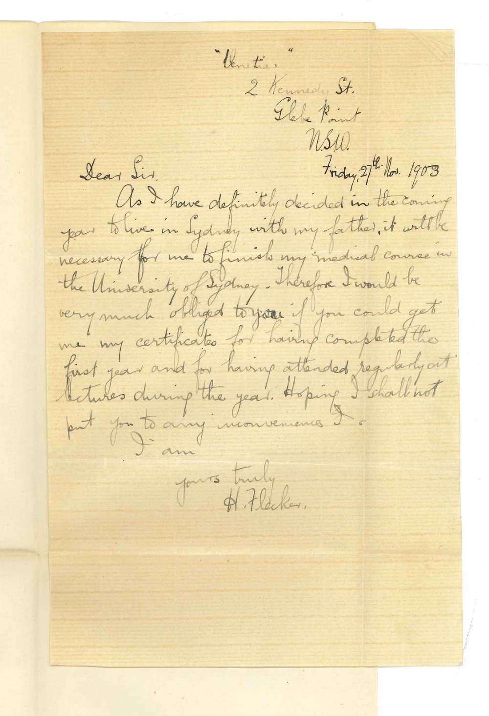 Hugo Flecker - Glebe Point NSW - Asking for MB 1st Year Certificate