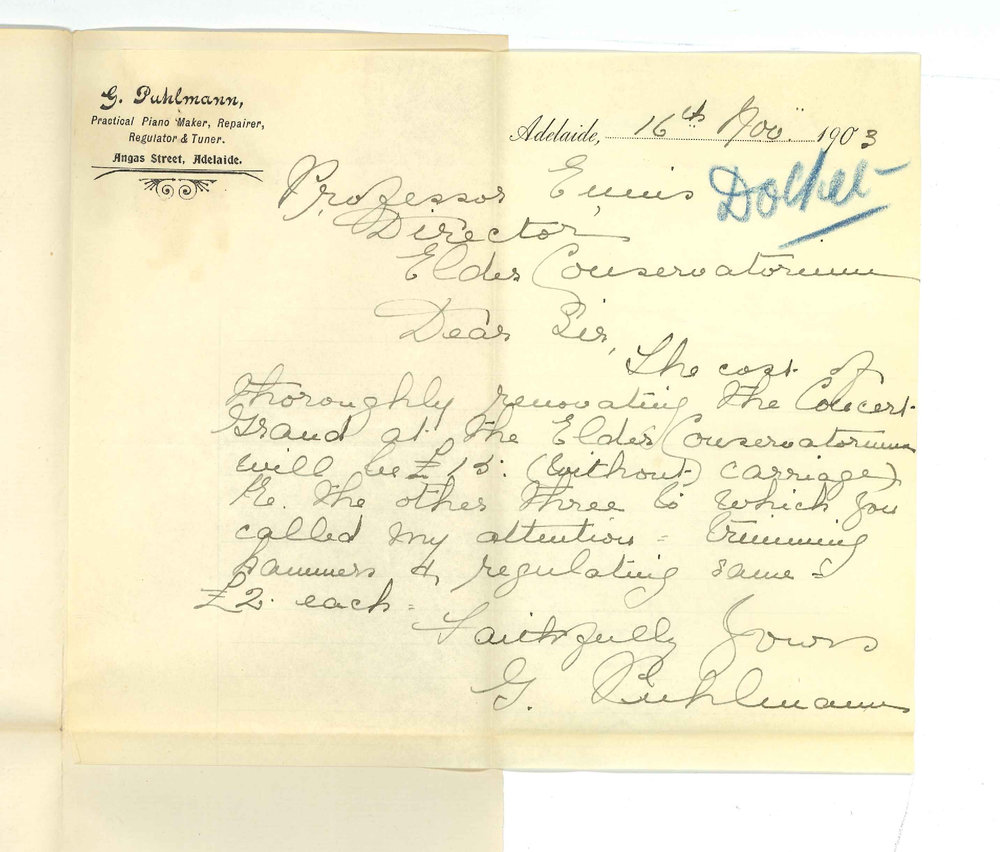 G Puhlmann - Adelaide - Cost of renovating the Concert Grand Piano at the Conservatorium