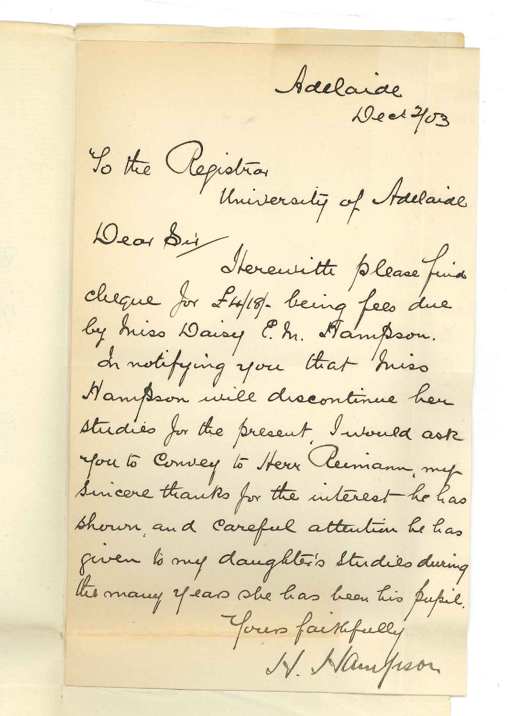 H Hampson - Adelaide - Discontinuing Lessons Conservatorium