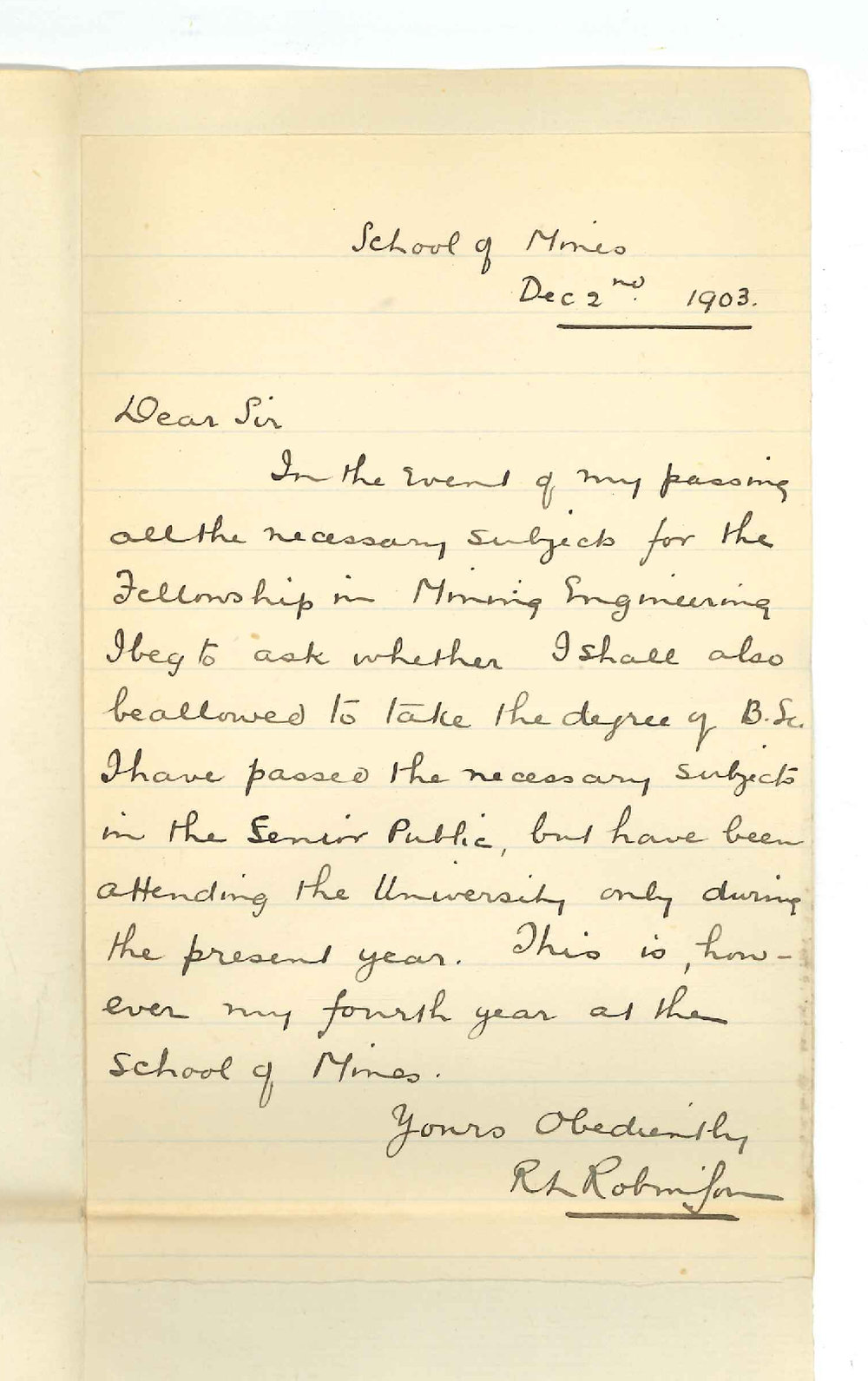 Roy Lister Robinson - Adelaide - Asking to be allowed to take BSc Degree