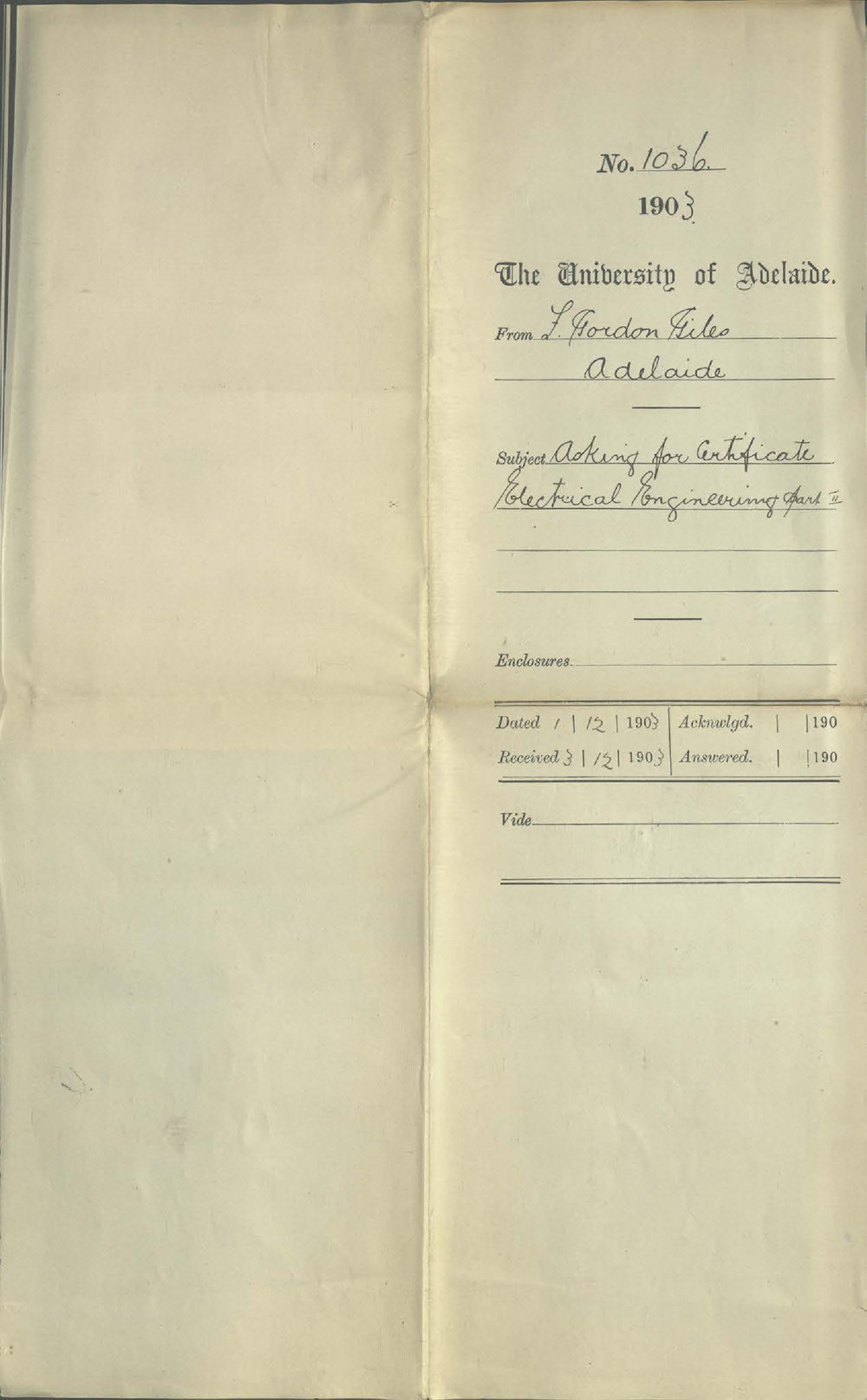 F Gordon Giles - Adelaide - Asking for Certificate Electrical Engineering Part II