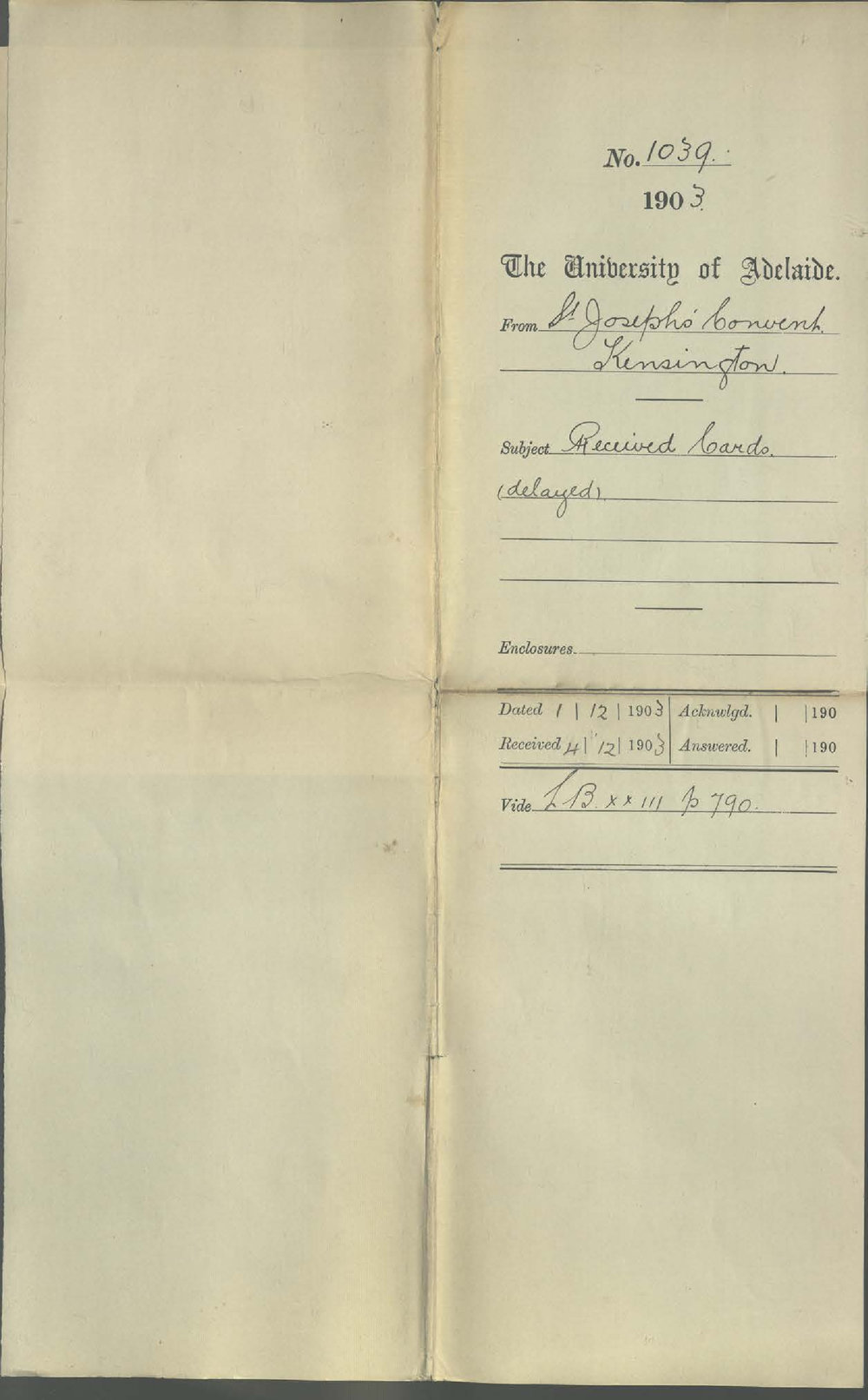 St Josephs Convent - Kensington - Received Cards delayed