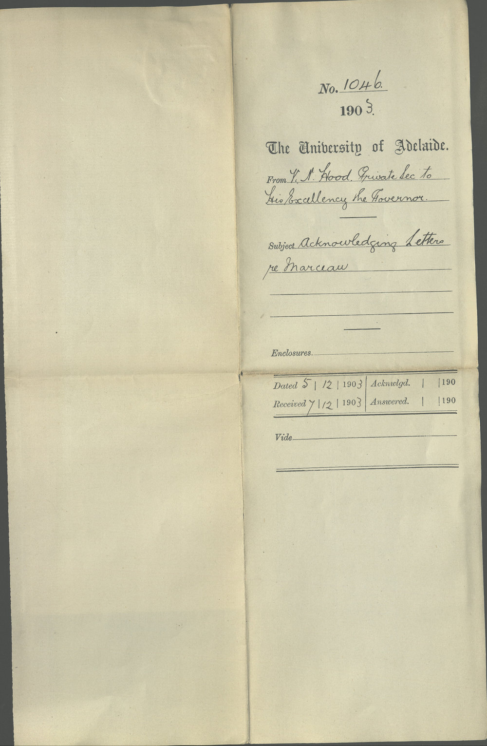 V N Hood - Private Secretary to His Excellency the Governor - Acknowledging Letters re Marceau