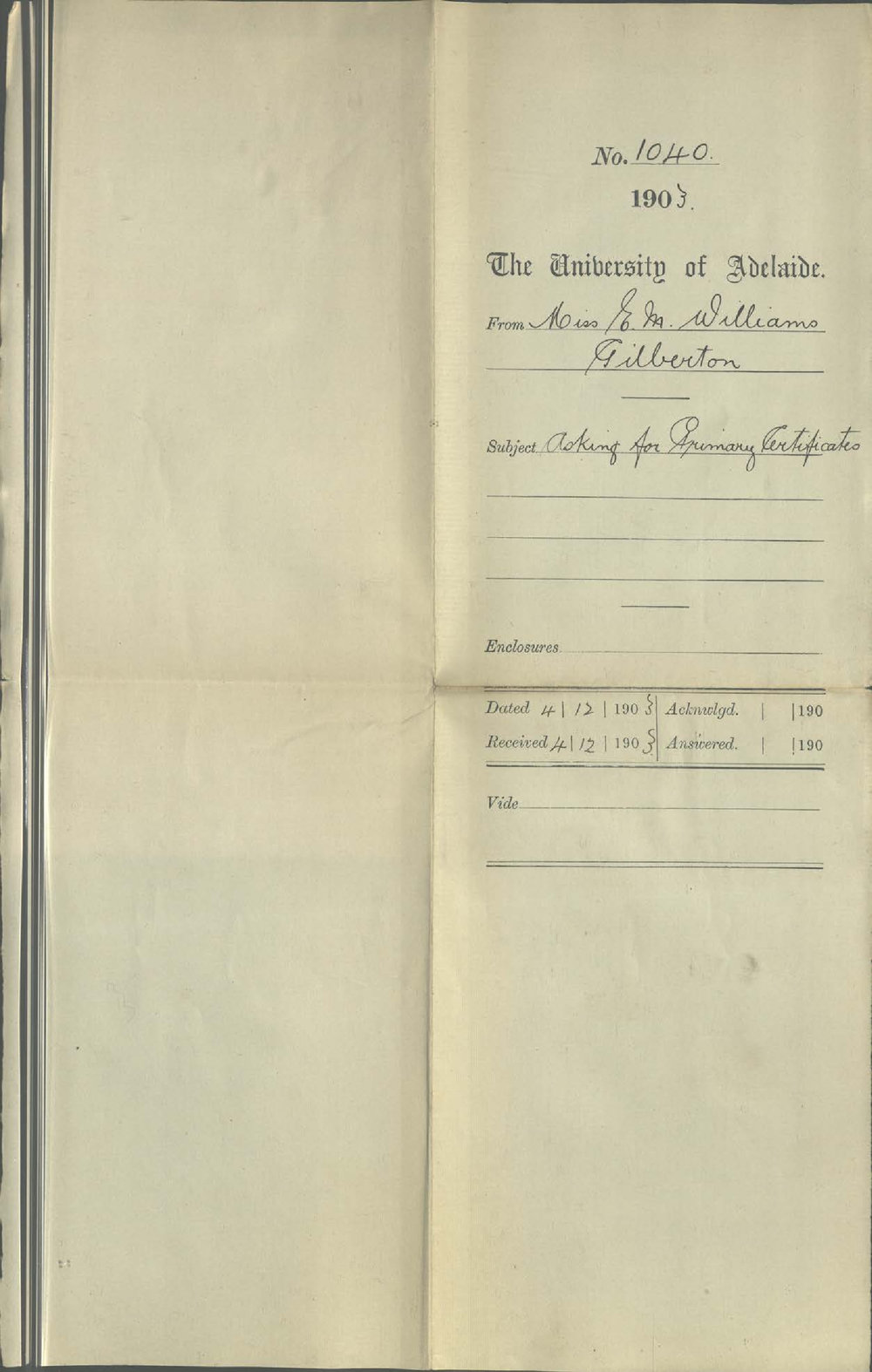 Miss E M Williams - Gilberton - Asking for Primary Certificates