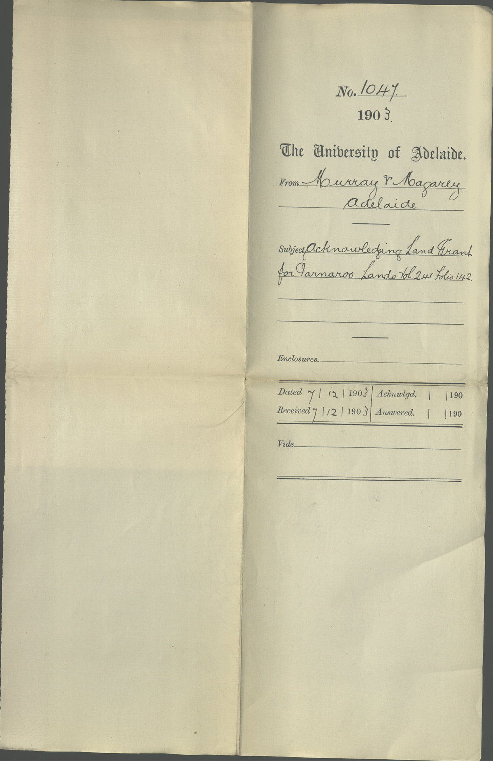 Murray and Magarey - Adelaide - Acknowledging Land Grant for Parnaroo Lands Vol 241 Folio 142