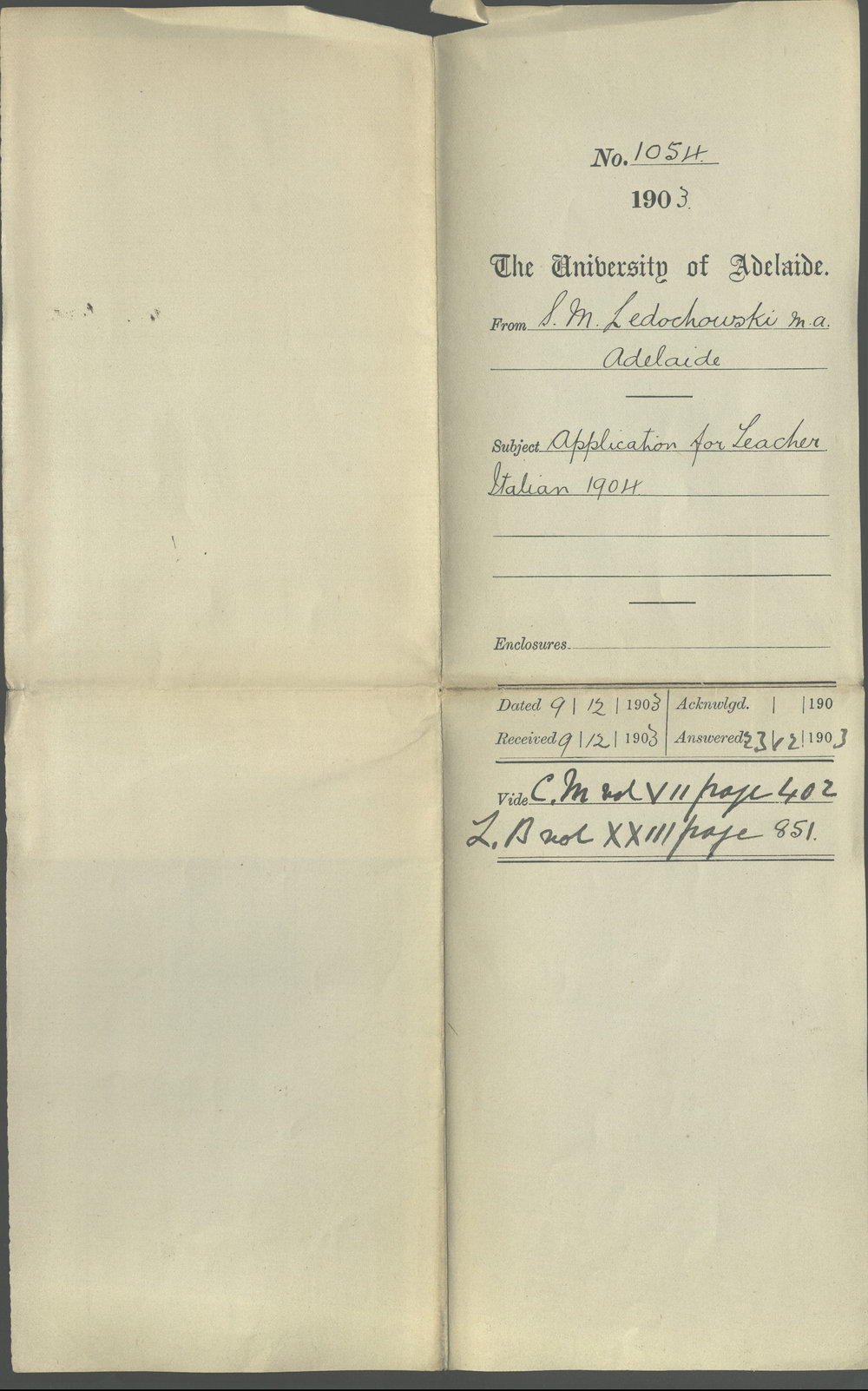 S M Ledochowski - Adelaide - Application for Teacher Italian 1904