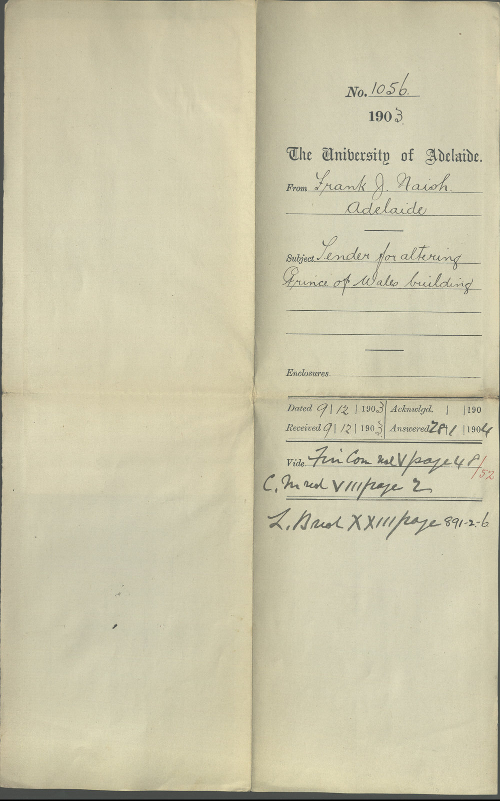 Frank J Naish - Adelaide - Tender for altering Prince of Wales Building