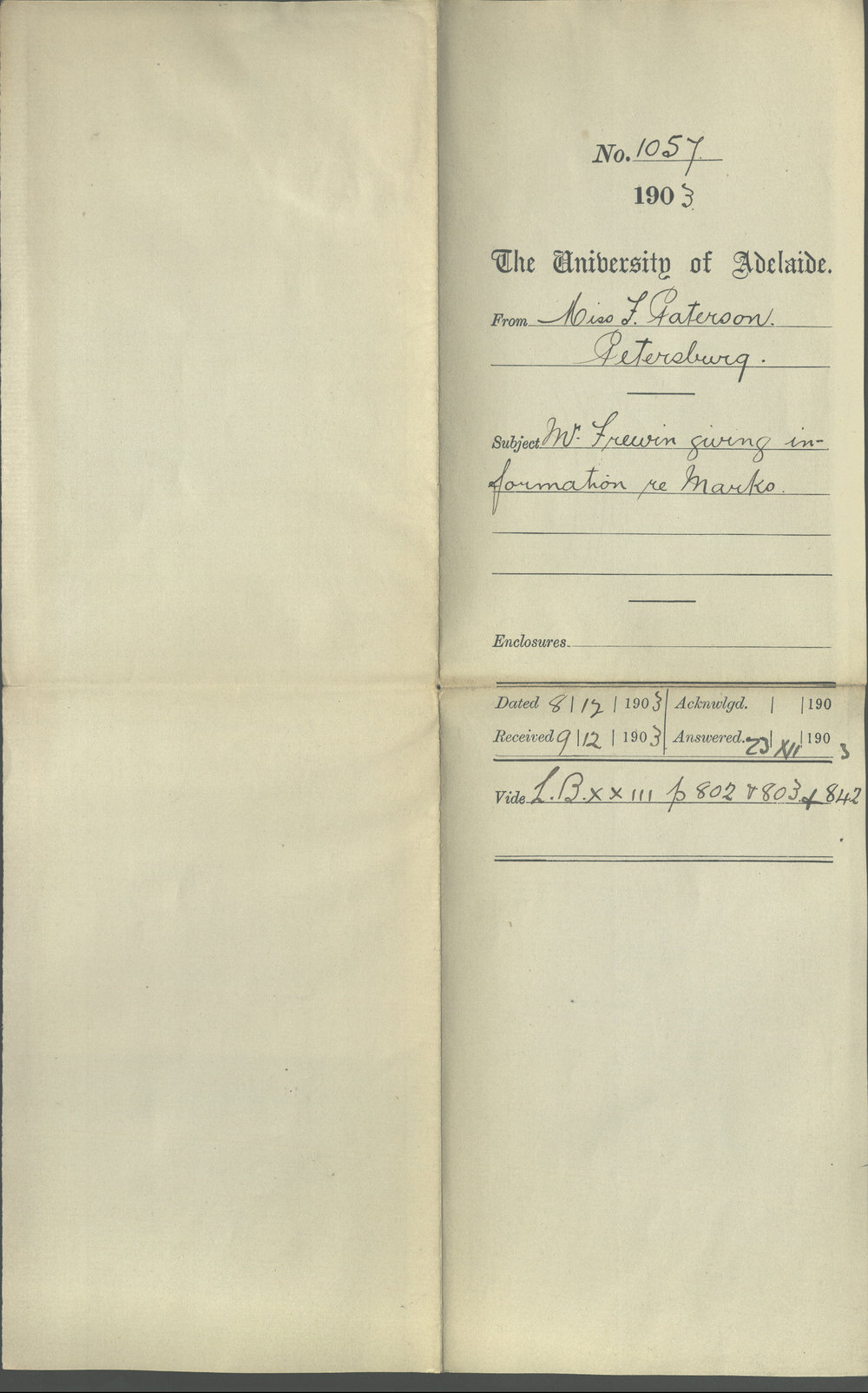 Miss F Paterson - Petersburg - Mr Frewin giving information re Marks