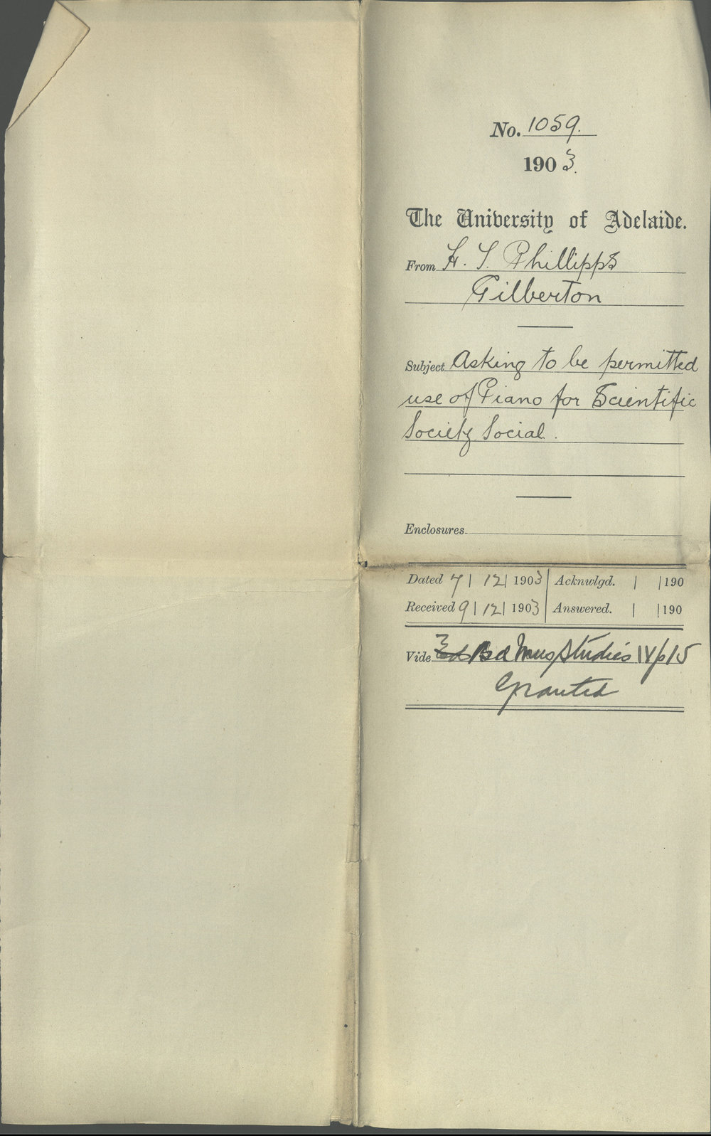 H S Phillipps - Gilberton - Asking to be permitted use of Piano for Scientific Society Social