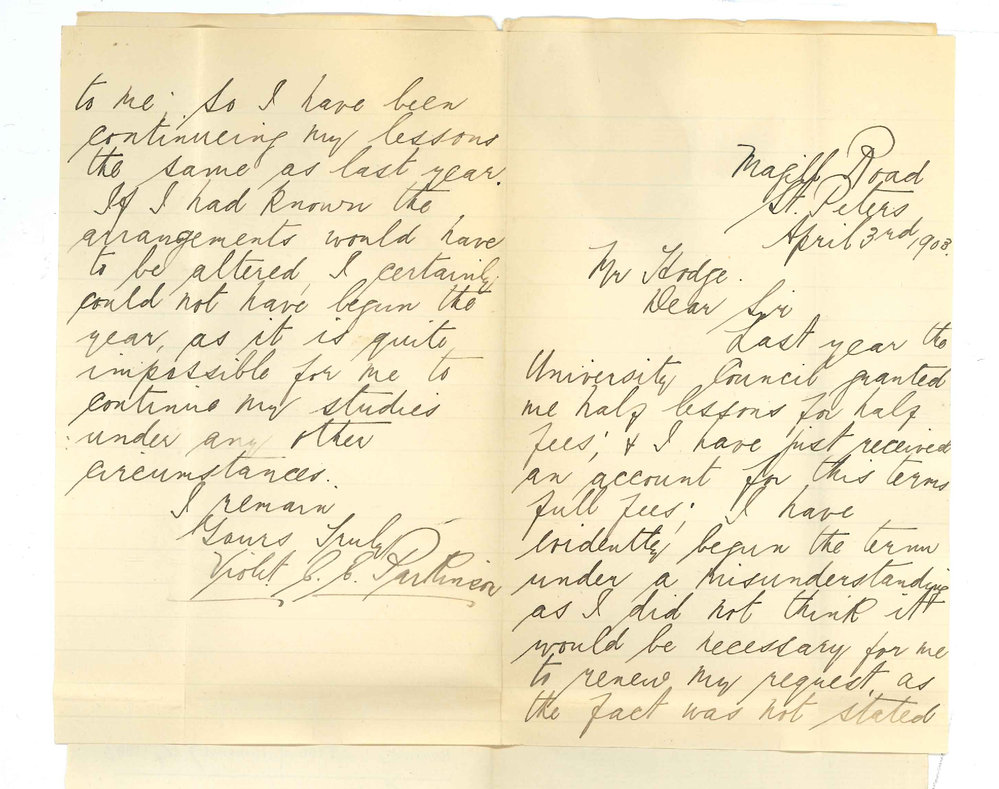 Miss Violet C E Parkinson - St Peters - Half fees for half lessons at Conservatorium
