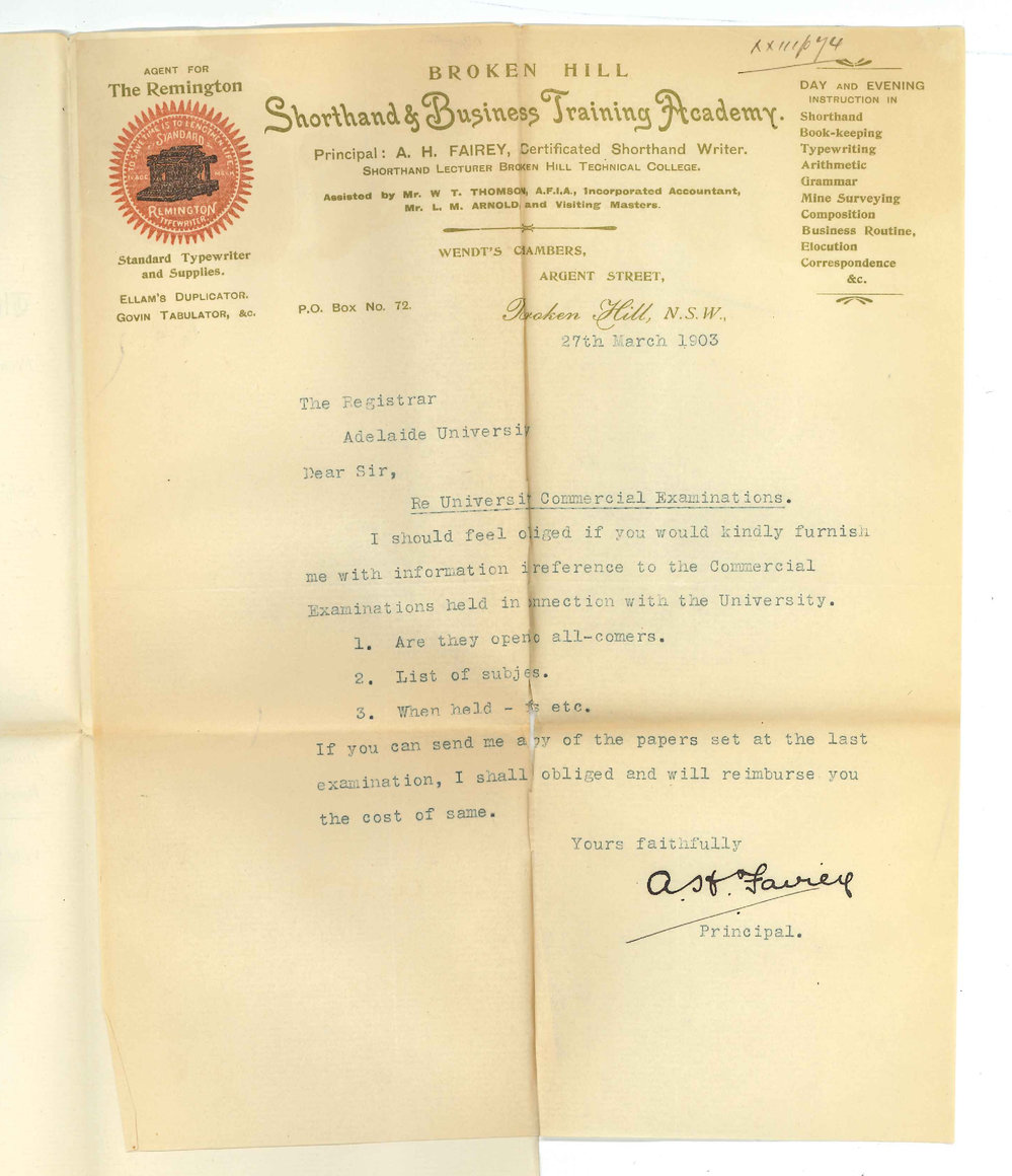 A H Fairey - Principal Shorthand and Business Training Academy - Broken Hill - Requesting information re Commercial Exams