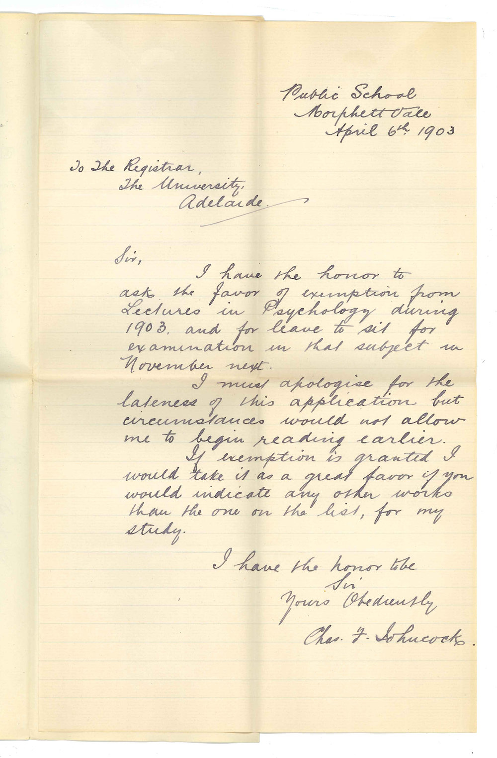Charles F Johncock - Morphett Vale - Exemption attendance at lectures