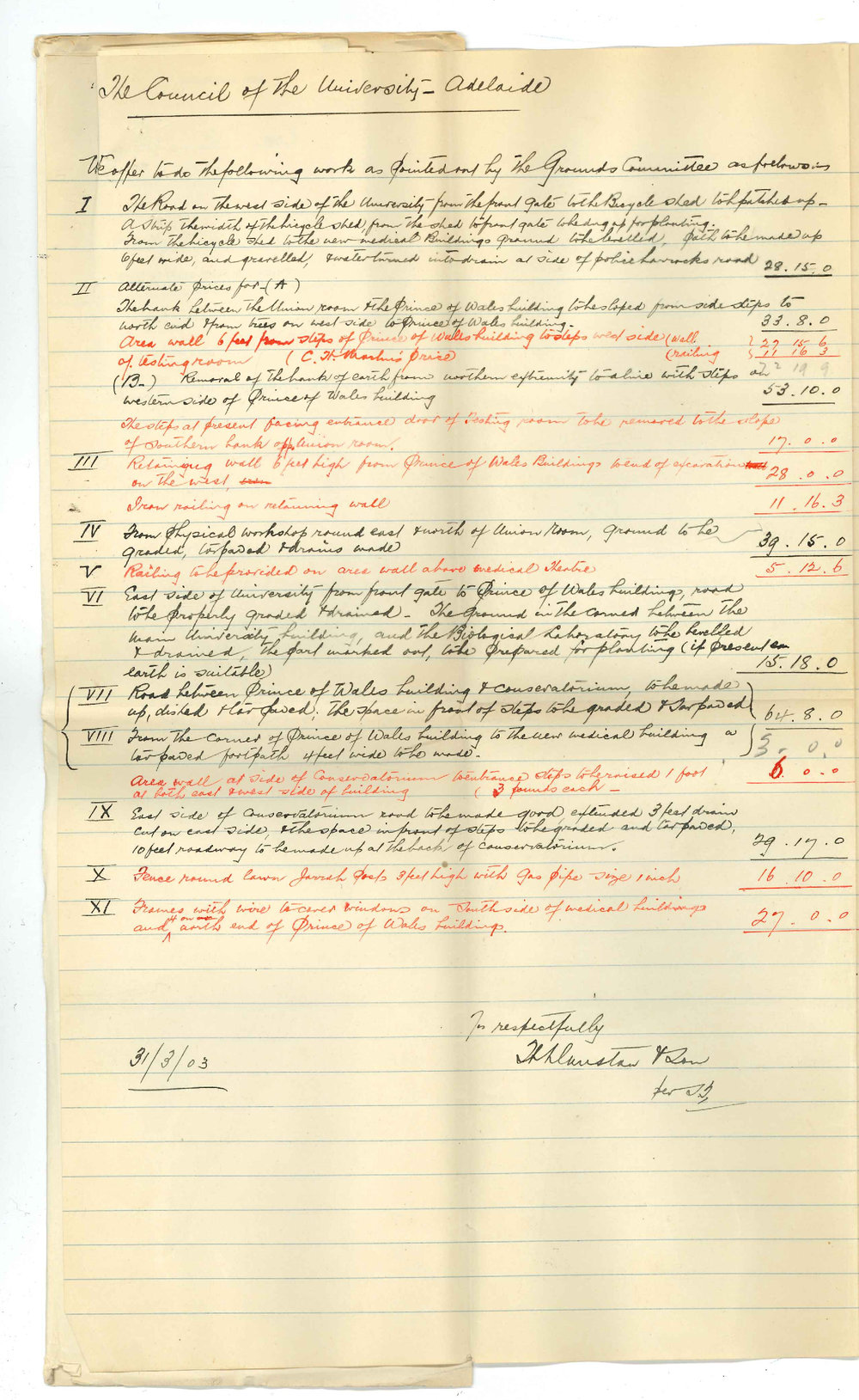 Messrs H Dunstan and Co, C H Martin, Messrs Brown and Peel - Adelaide - Tender for work required to grounds of University