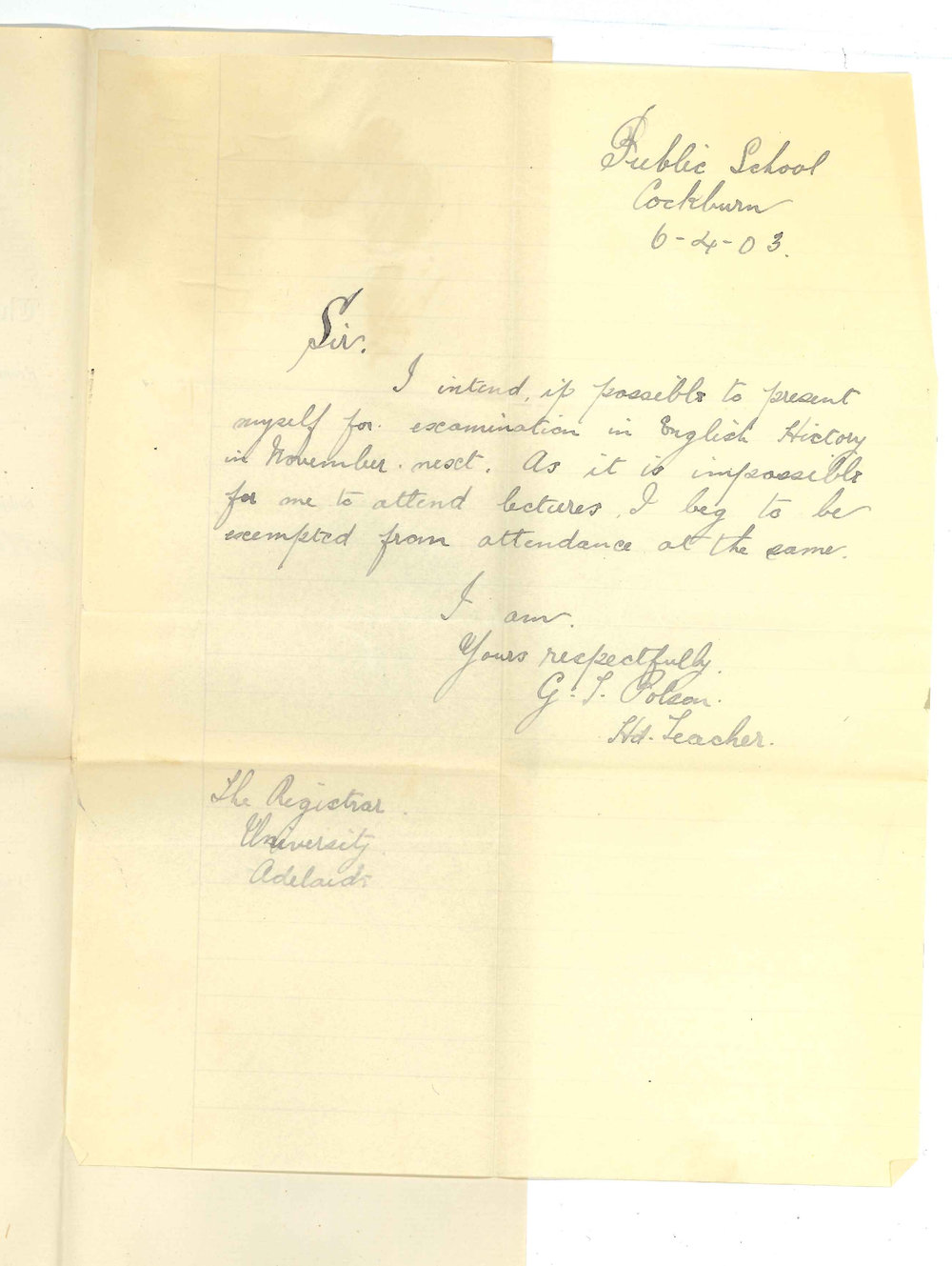 G J Polson - Cockburn - Exemption from attendance at lectures