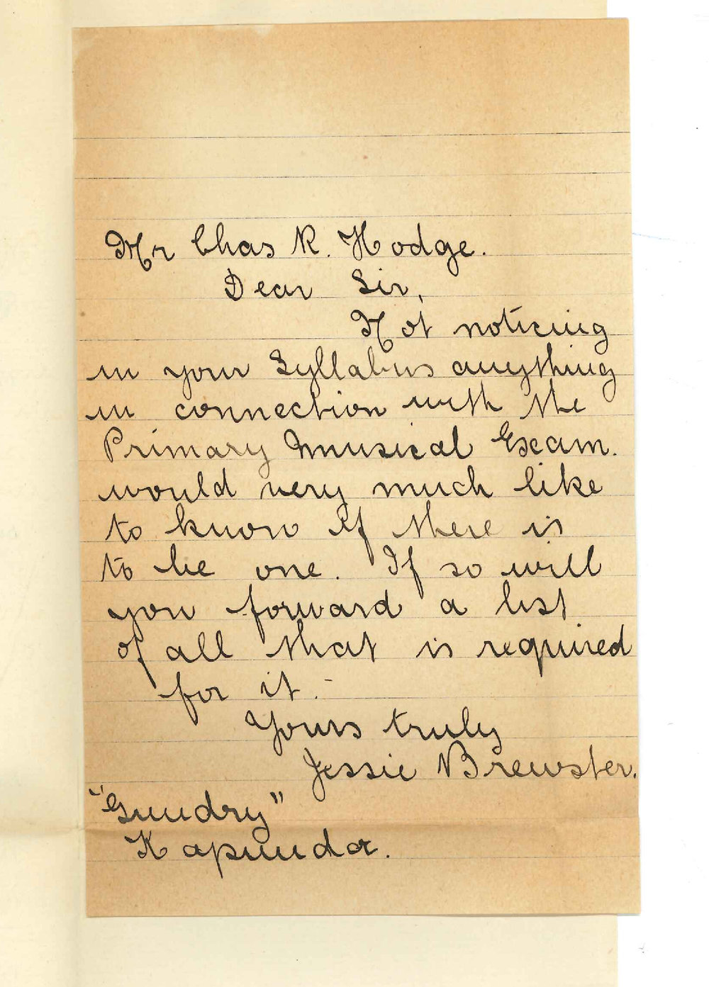 Miss Jessie Brewster - Kapunda - Requesting information of Primary music exam