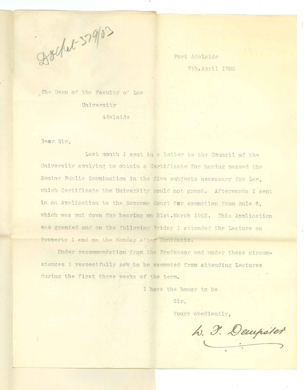 W F Dempster - Port Adelaide - Exemption from attendance at lectures