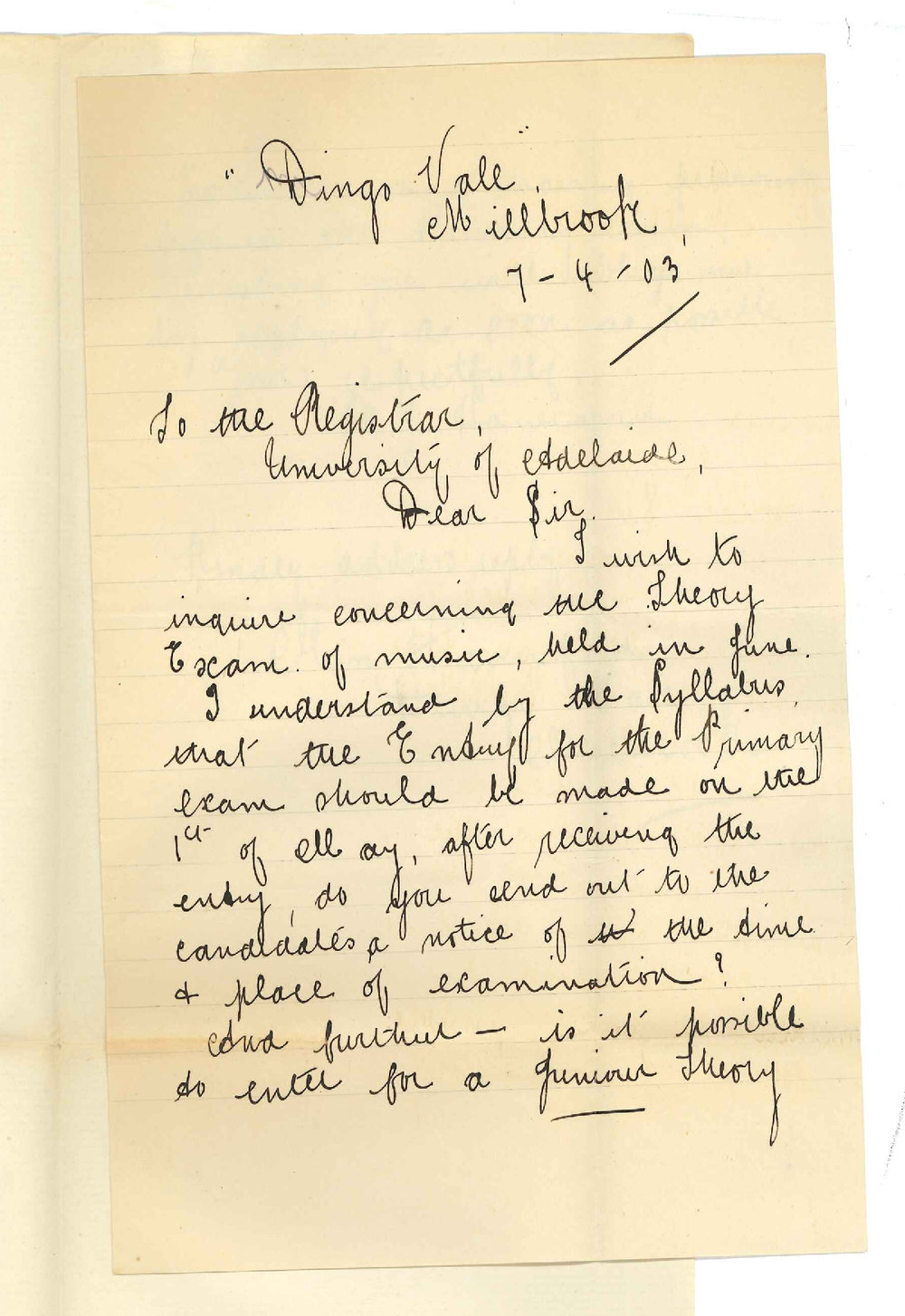 Miss B J Hannaford - Dingo Vale Millbrook - Requesting information of Music Exams