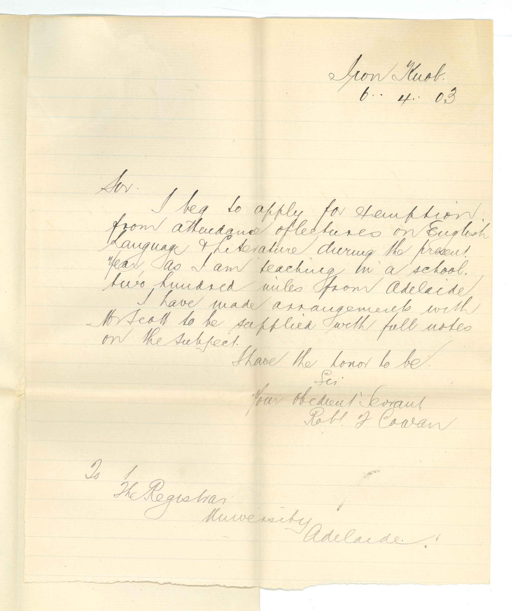 Robert F Cowan - Iron Knob - Exemption from attendance at lectures