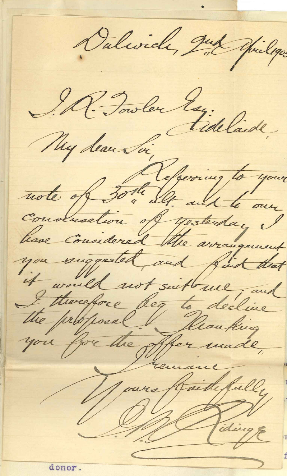 J R Fowler - Adelaide - Lectureship on Banking and Exchange and donation of &pound; 1000