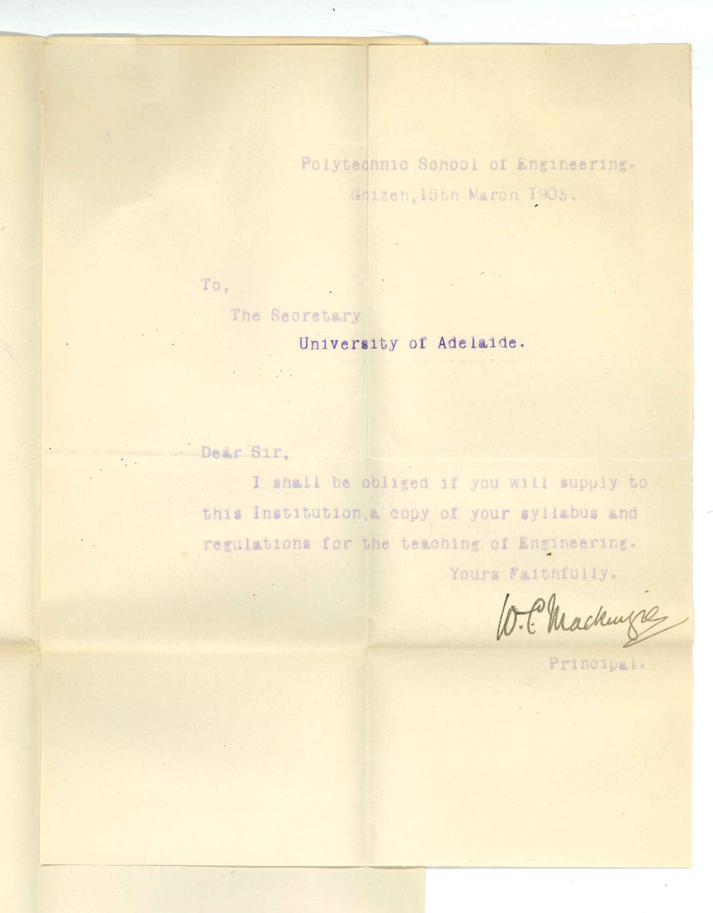 W C Mackenzie - Polytechnic School of Engineering Ghizeh - Requesting particulars of Engineering course