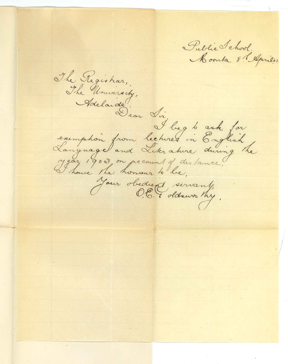 Ottho Eric Goldsworthy - Moonta - Exemption from attendance at lectures