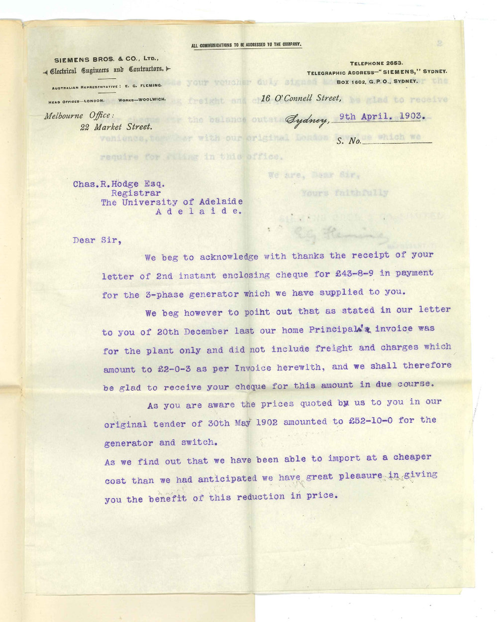 Siemens Brothers - Electrical Engineers and Contractors - Sydney - Concerning account for the 3-phase generator