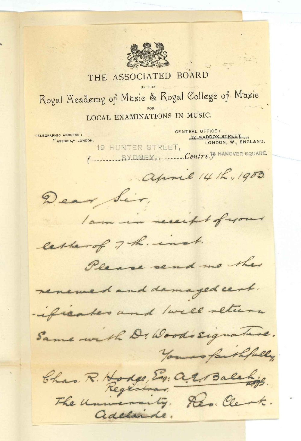 A E Balch - Associated Board of Royal Academy of Music and Royal College of Music - Sydney - Renewing a damaged certificate