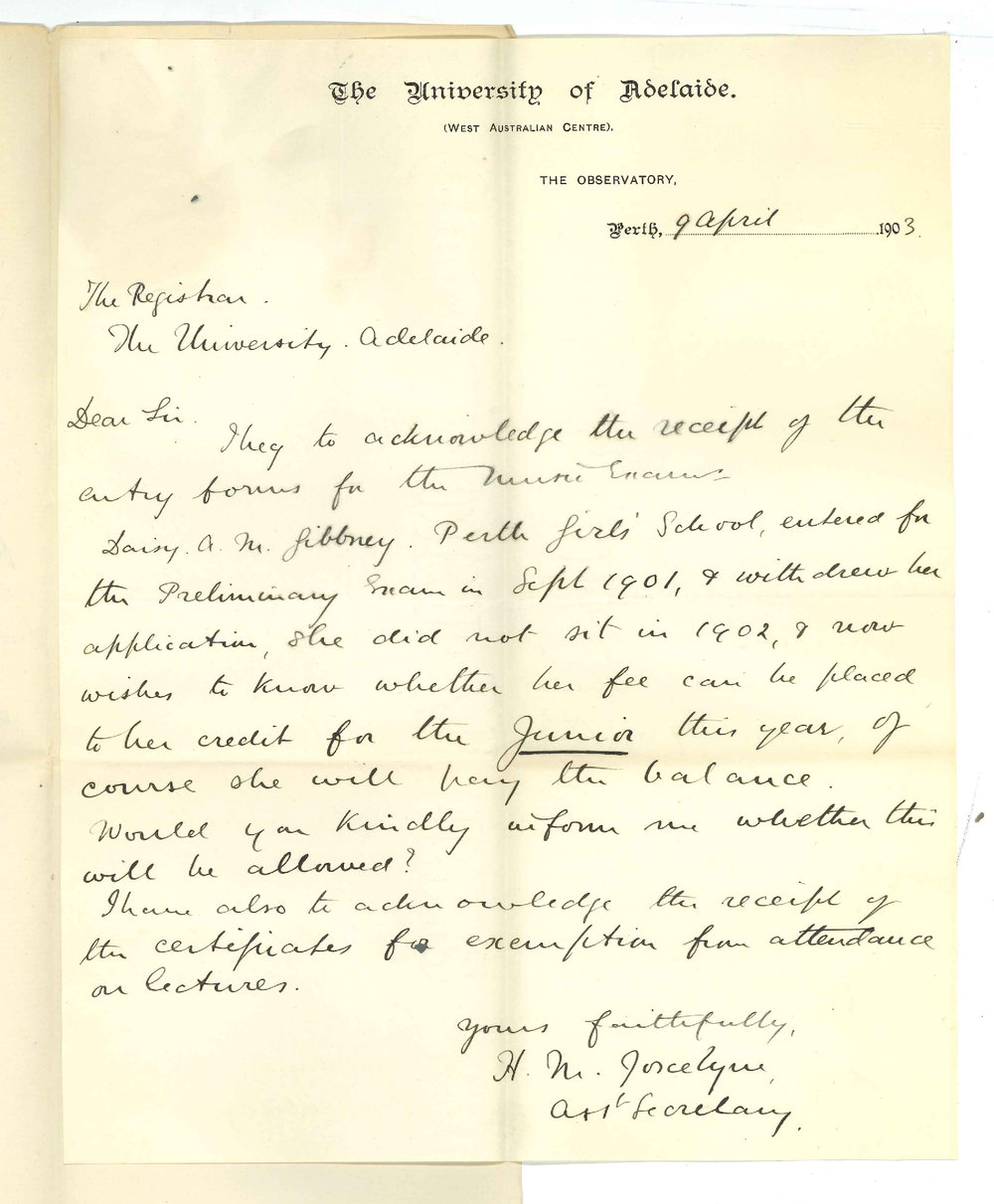 Henry Maurice Joscelyne - Assistant secretary - The Observatory - Perth - Receipt of entry forms and Certificates. Withdrawal fee for Preliminary for 1903