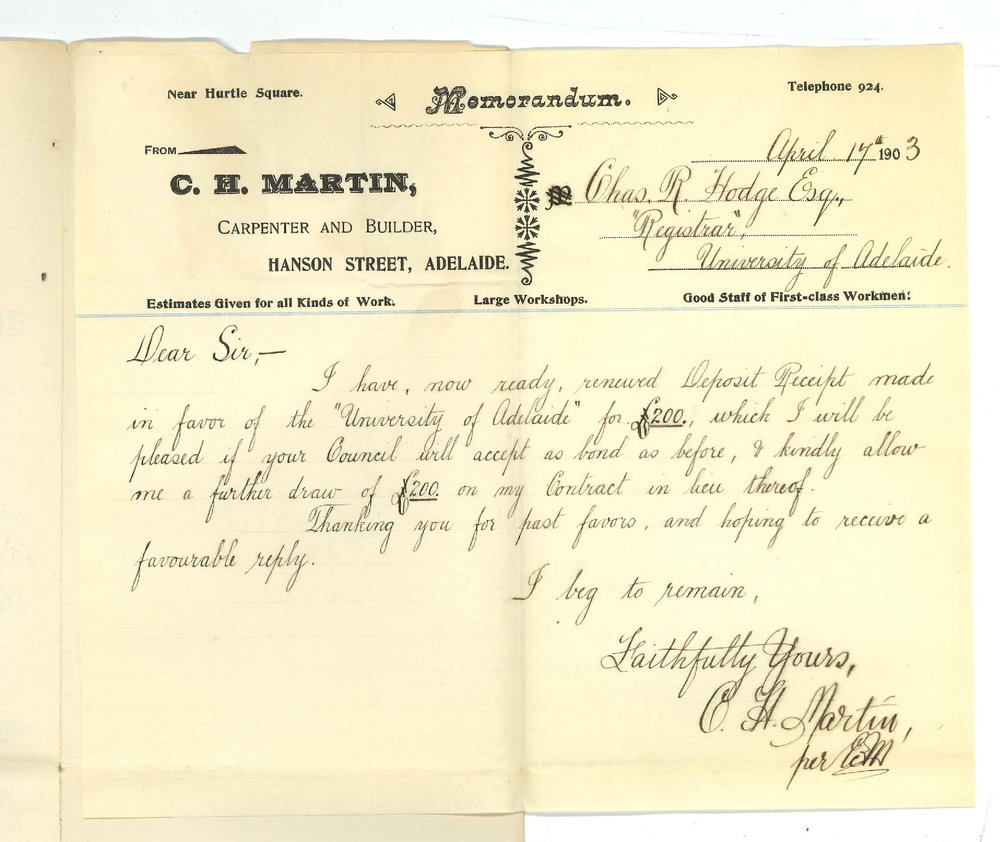 C H Martin - Carpenter and Builder - Adelaide - Requesting draw of &pound; 200 in place of renewed deposit receipt