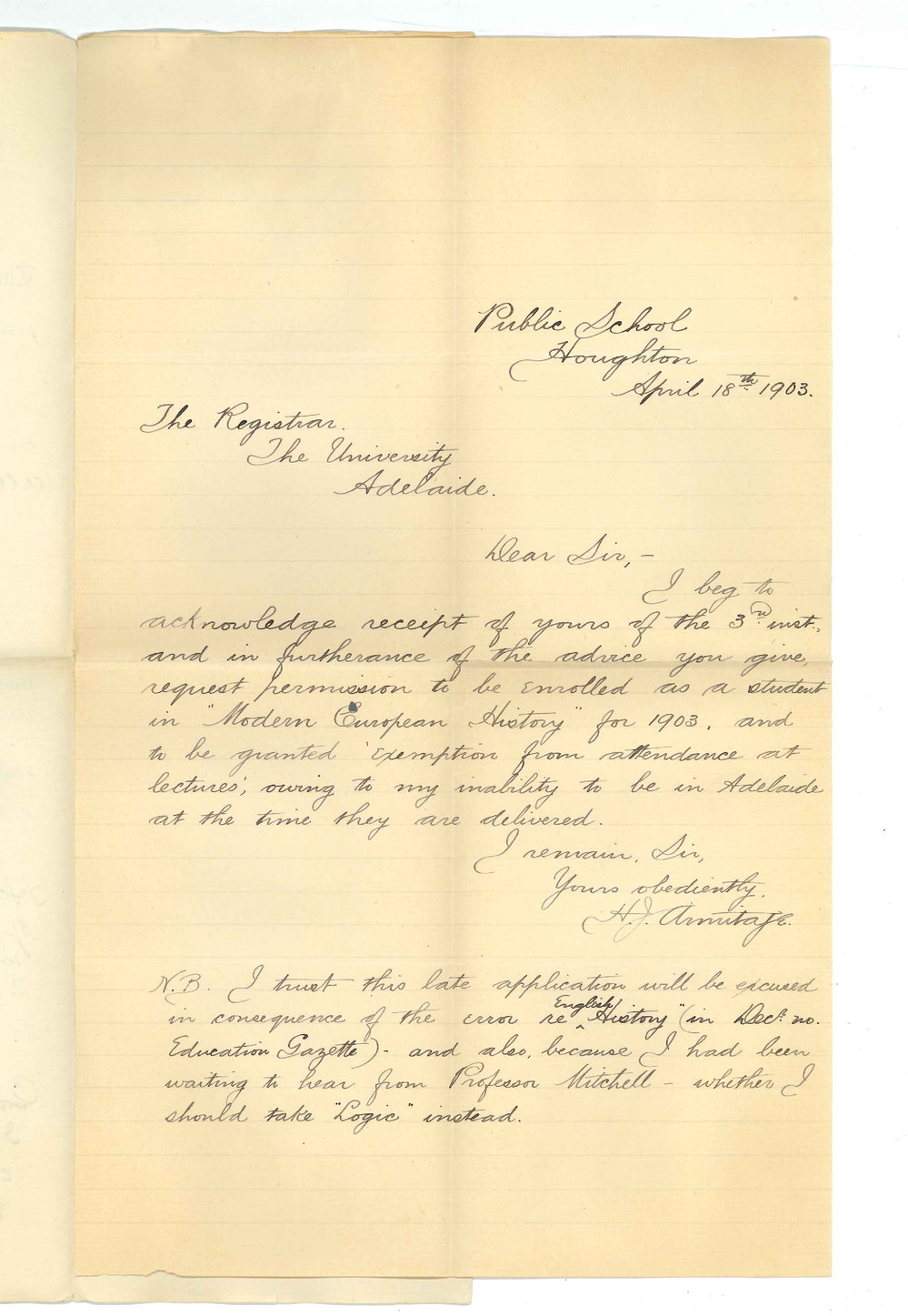 H J Armitage - Houghton - Exemption from attendance at lectures