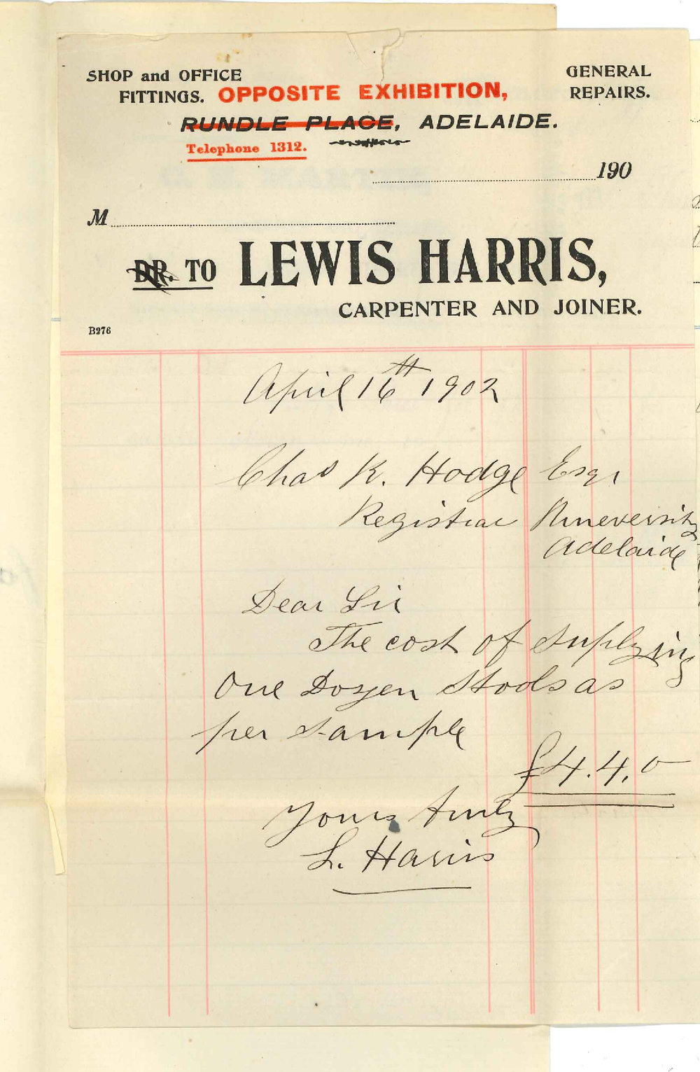 C H Martin - Carpenter and Builder and Lewis Harris -Carpenter and Joiner - Adelaide - Price for stools for dissecting room