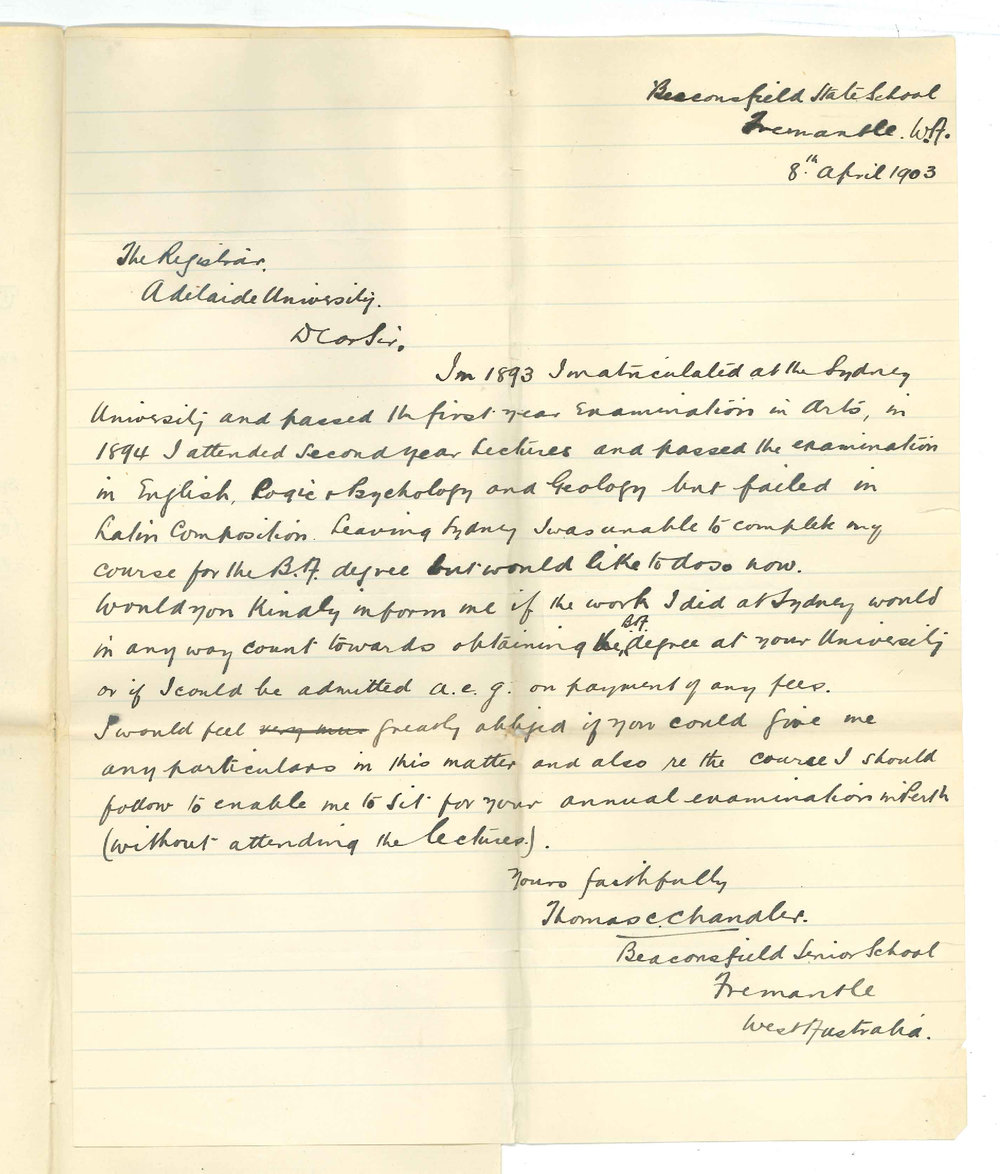 Thomas C Chandler [Beaconsfield State School] Fremantle W A - Requesting information for admission ad eundem statum